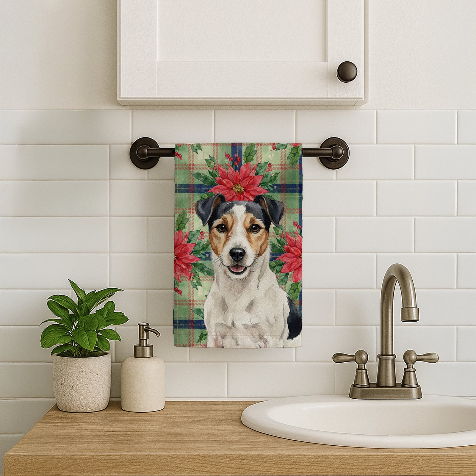 Caroline's Treasures Parson Russell Terrier Christmas PoinsettIas Kitchen Towel