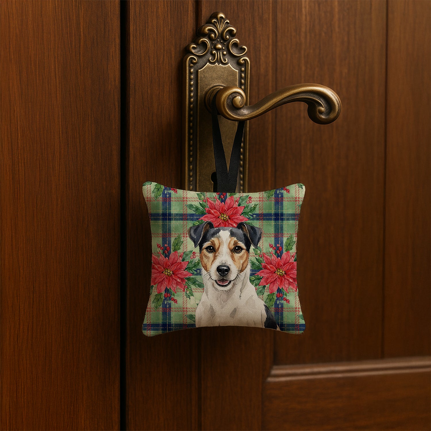 Caroline's Treasures Parson Russell Terrier Christmas PoinsettIas Hanging Square Fabric Ornament 3.5 x 3.5