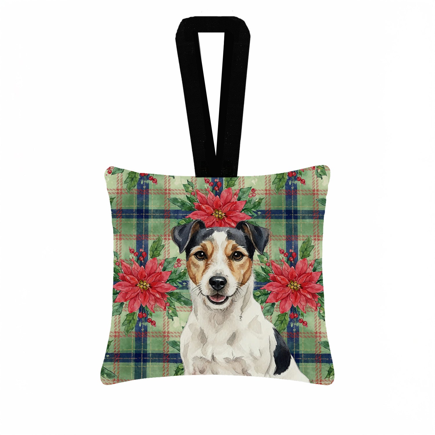 Caroline's Treasures Parson Russell Terrier Christmas PoinsettIas Hanging Square Fabric Ornament 3.5 x 3.5