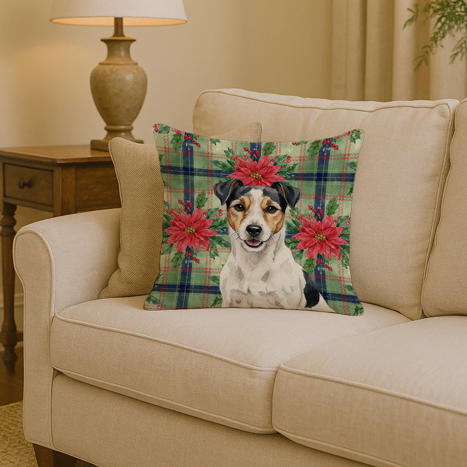 Caroline's Treasures Parson Russell Terrier Christmas PoinsettIas Throw Pillow