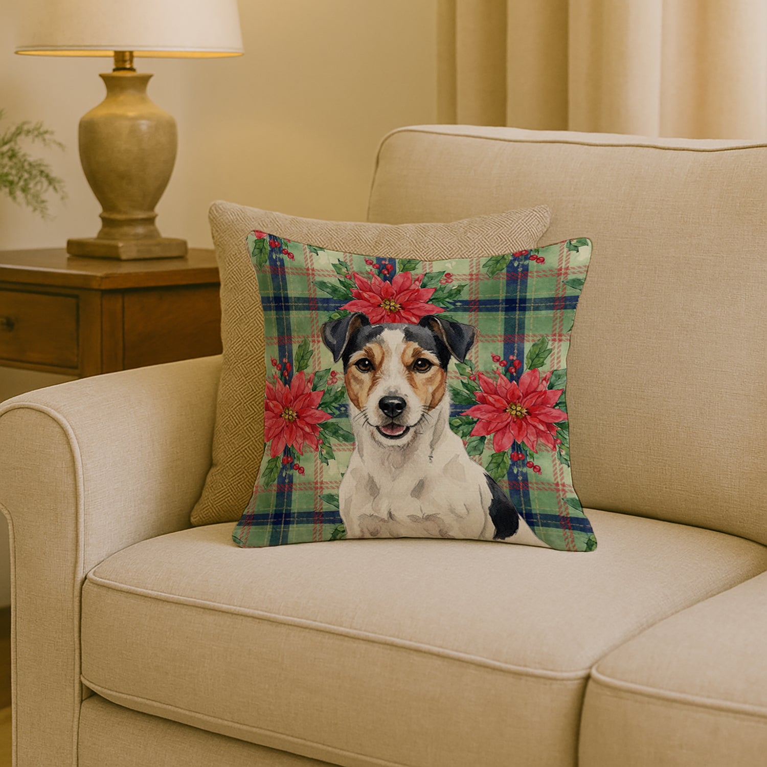 Caroline's Treasures Parson Russell Terrier Christmas PoinsettIas Throw Pillow