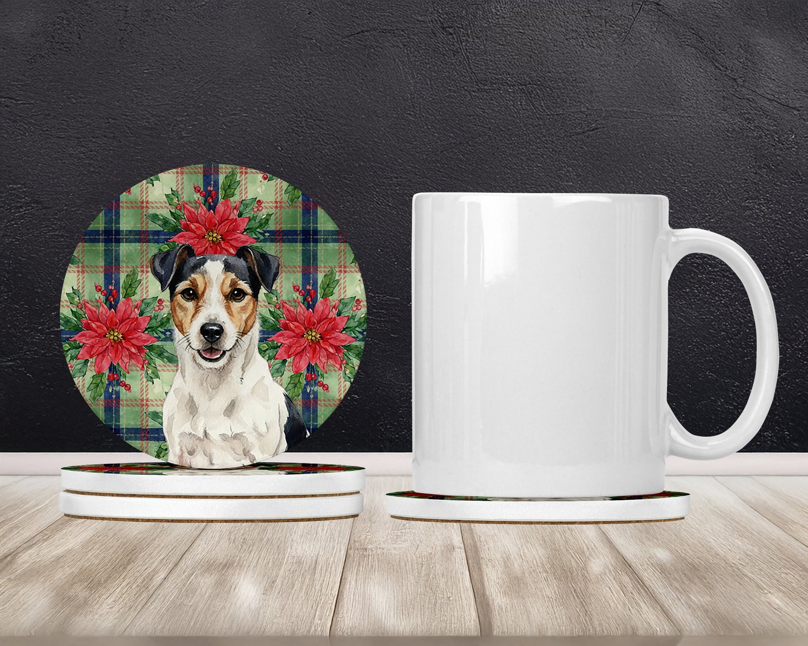 Caroline's Treasures Parson Russell Terrier Christmas PoinsettIas Large Sandstone Coasters Pack of 4