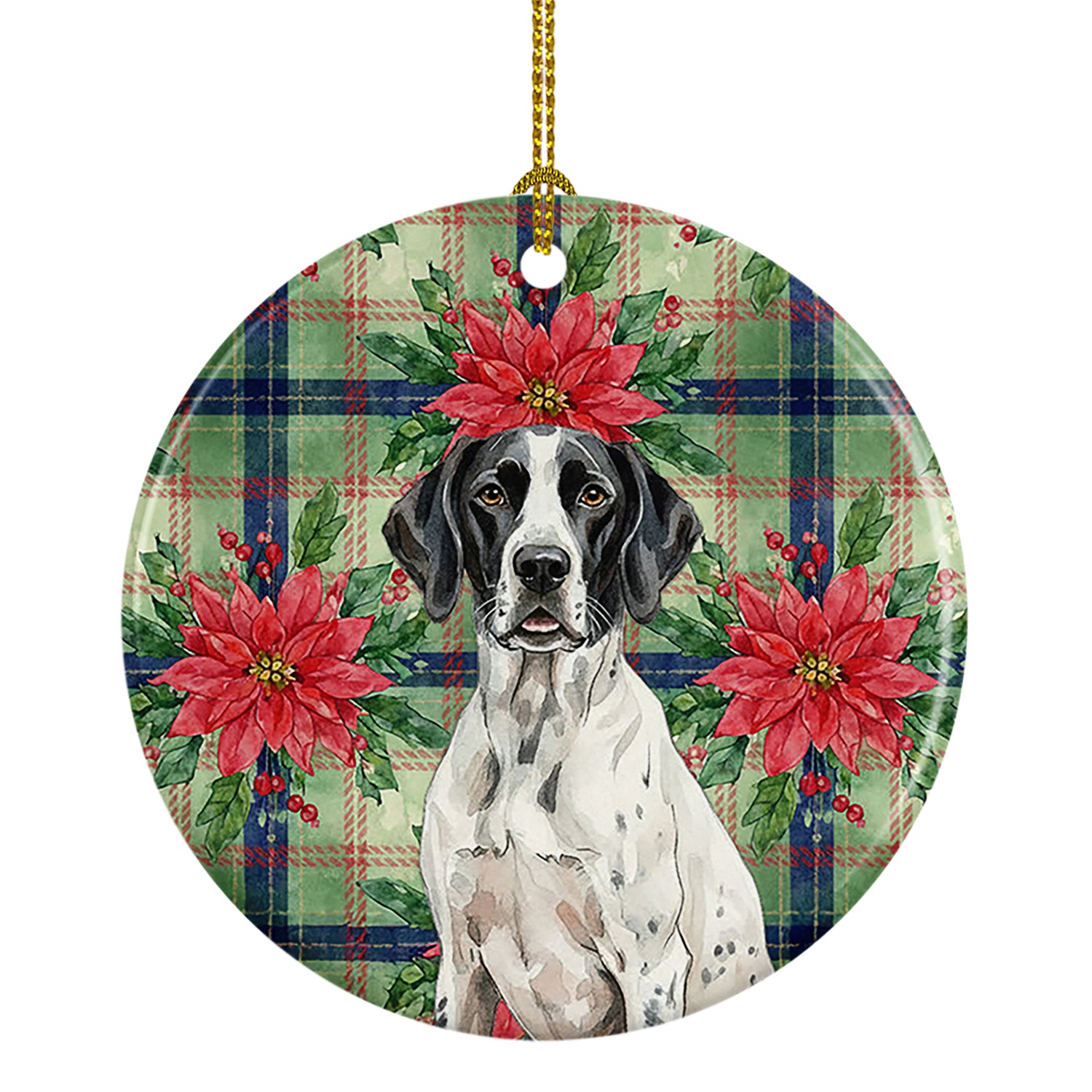 Caroline's Treasures Black and White Pointer Christmas PoinsettIas Ceramic Ornament