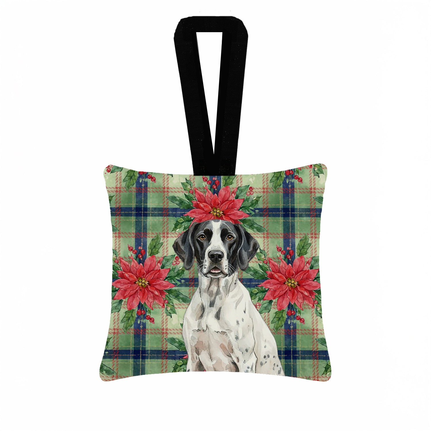 Caroline's Treasures Black and White Pointer Christmas PoinsettIas Hanging Square Fabric Ornament 3.5 x 3.5