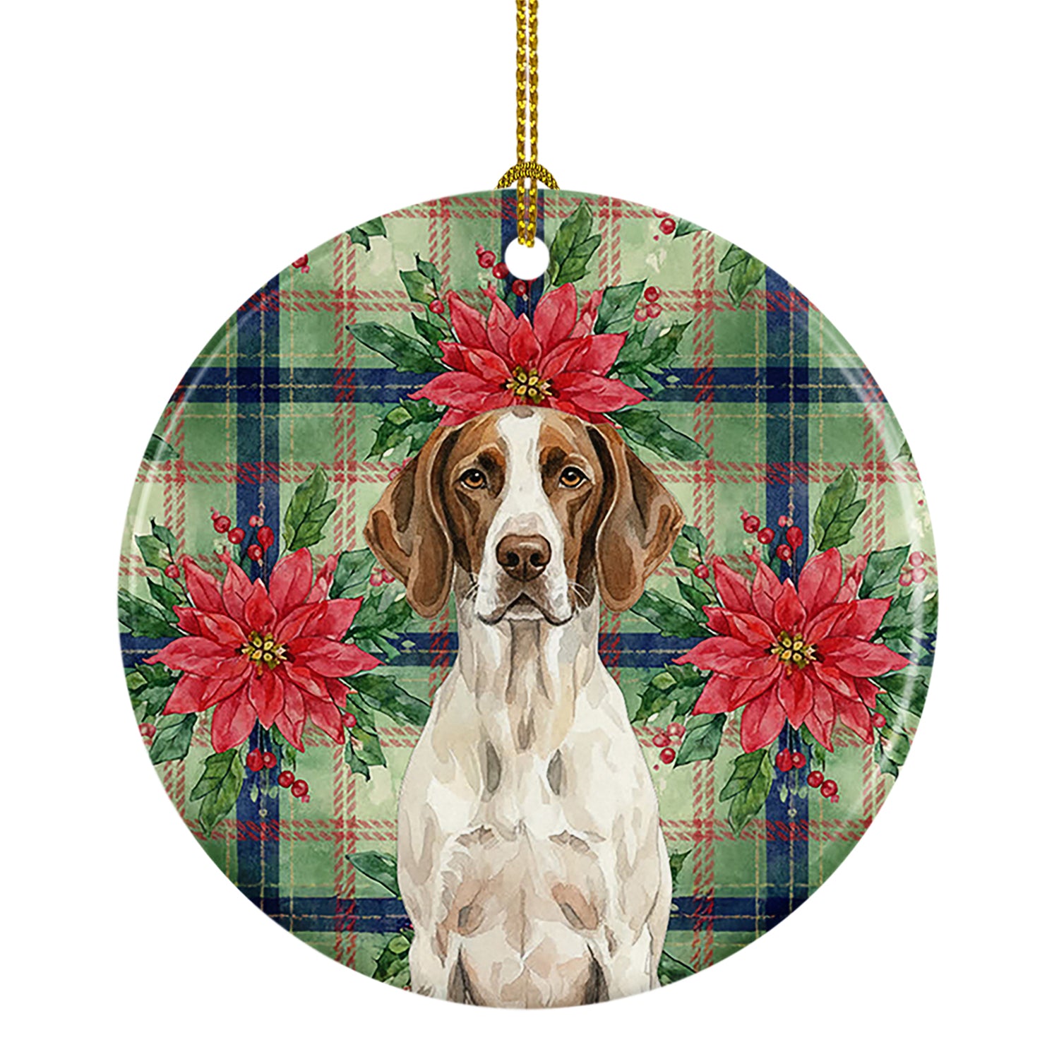 Caroline's Treasures Liver and White Pointer Christmas PoinsettIas Ceramic Ornament