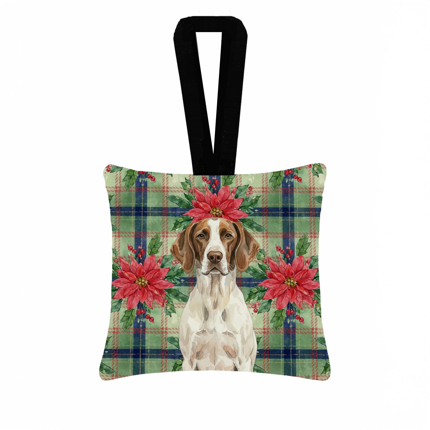 Caroline's Treasures Liver and White Pointer Christmas PoinsettIas Hanging Square Fabric Ornament 3.5 x 3.5