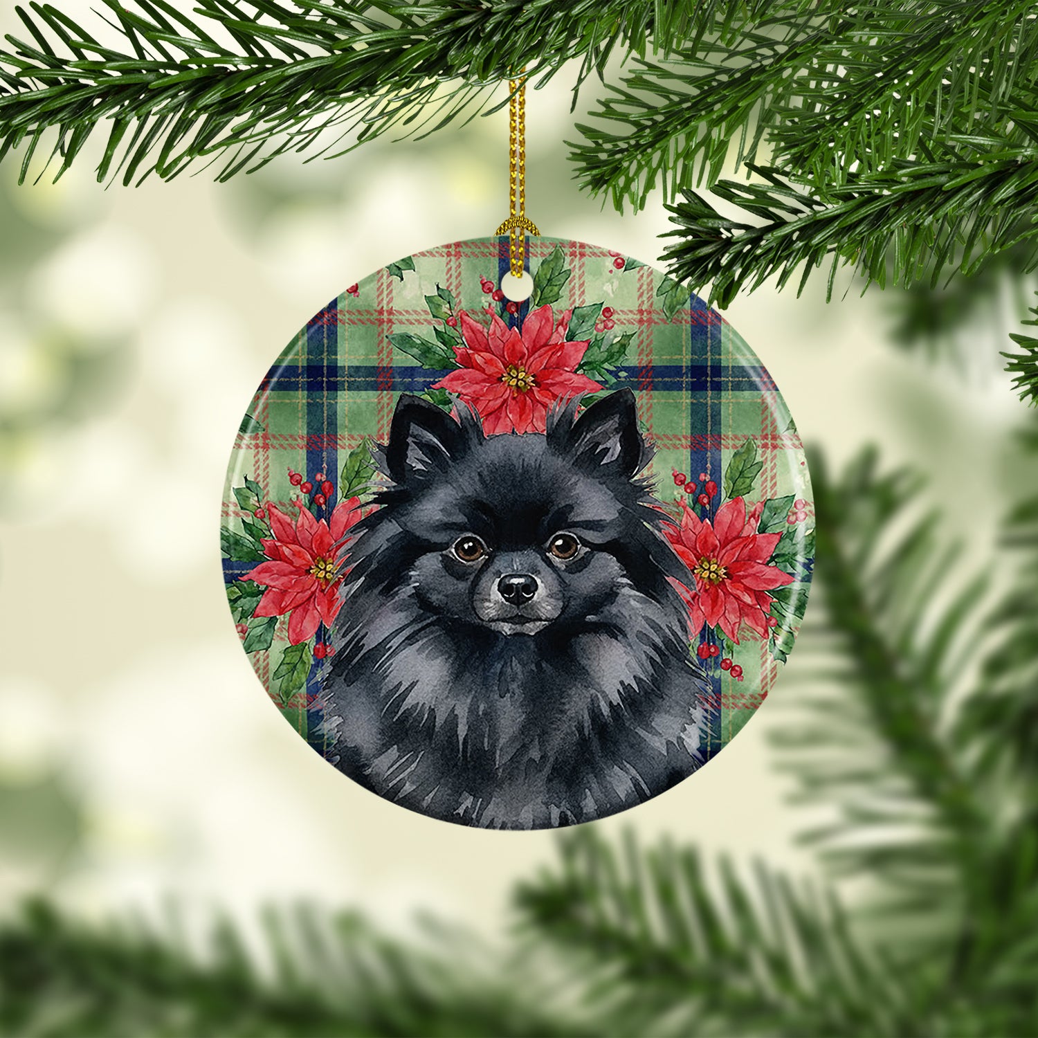 Caroline's Treasures Black Pomeranian Christmas PoinsettIas Ceramic Ornament