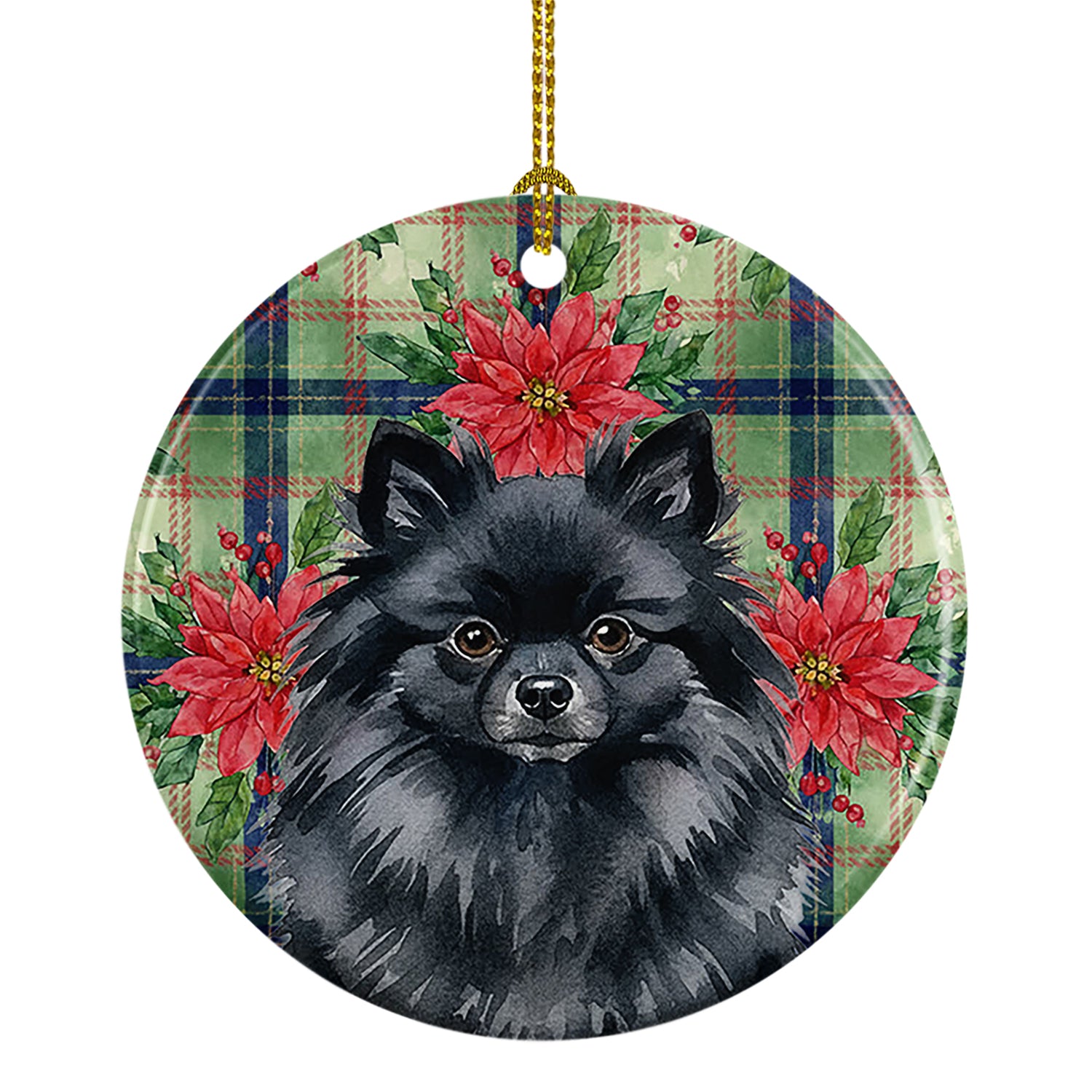 Caroline's Treasures Black Pomeranian Christmas PoinsettIas Ceramic Ornament