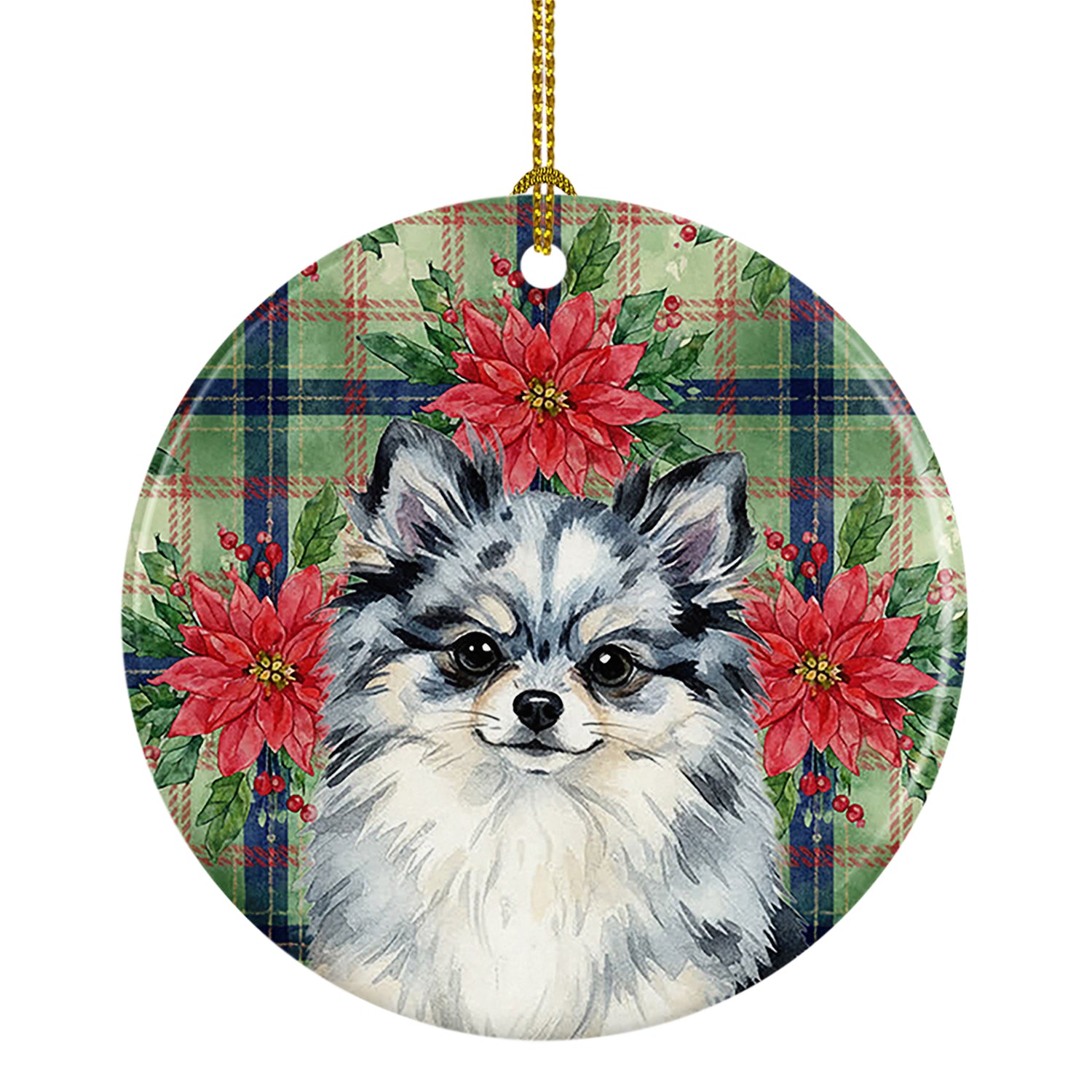 Caroline's Treasures Blue Merle Pomeranian Christmas PoinsettIas Ceramic Ornament