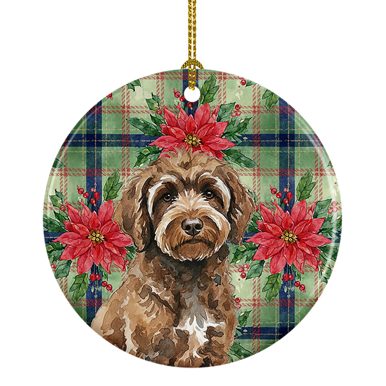Caroline's Treasures Brown Portuguese Water Dog Christmas PoinsettIas Ceramic Ornament