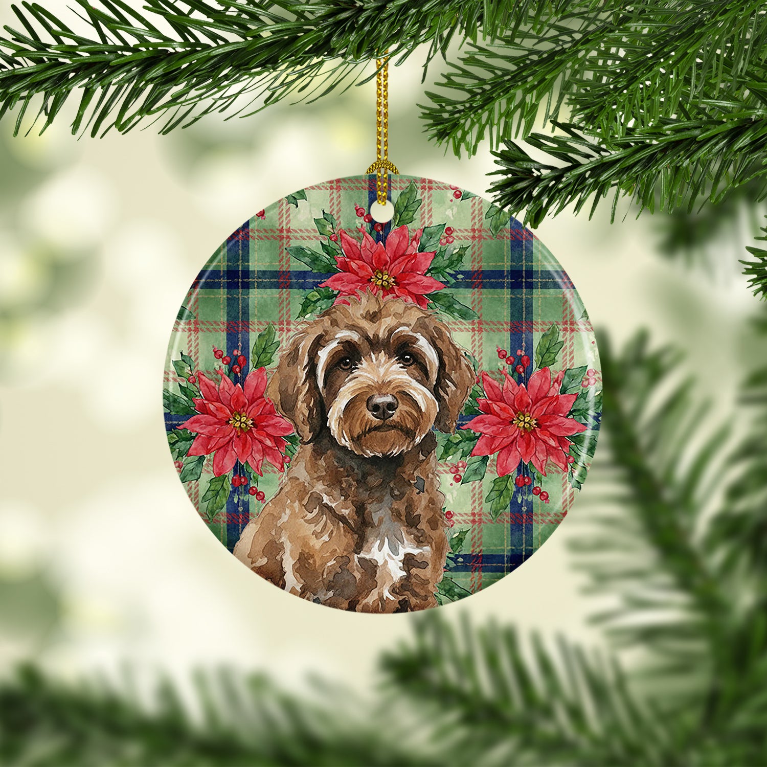 Caroline's Treasures Brown Portuguese Water Dog Christmas PoinsettIas Ceramic Ornament