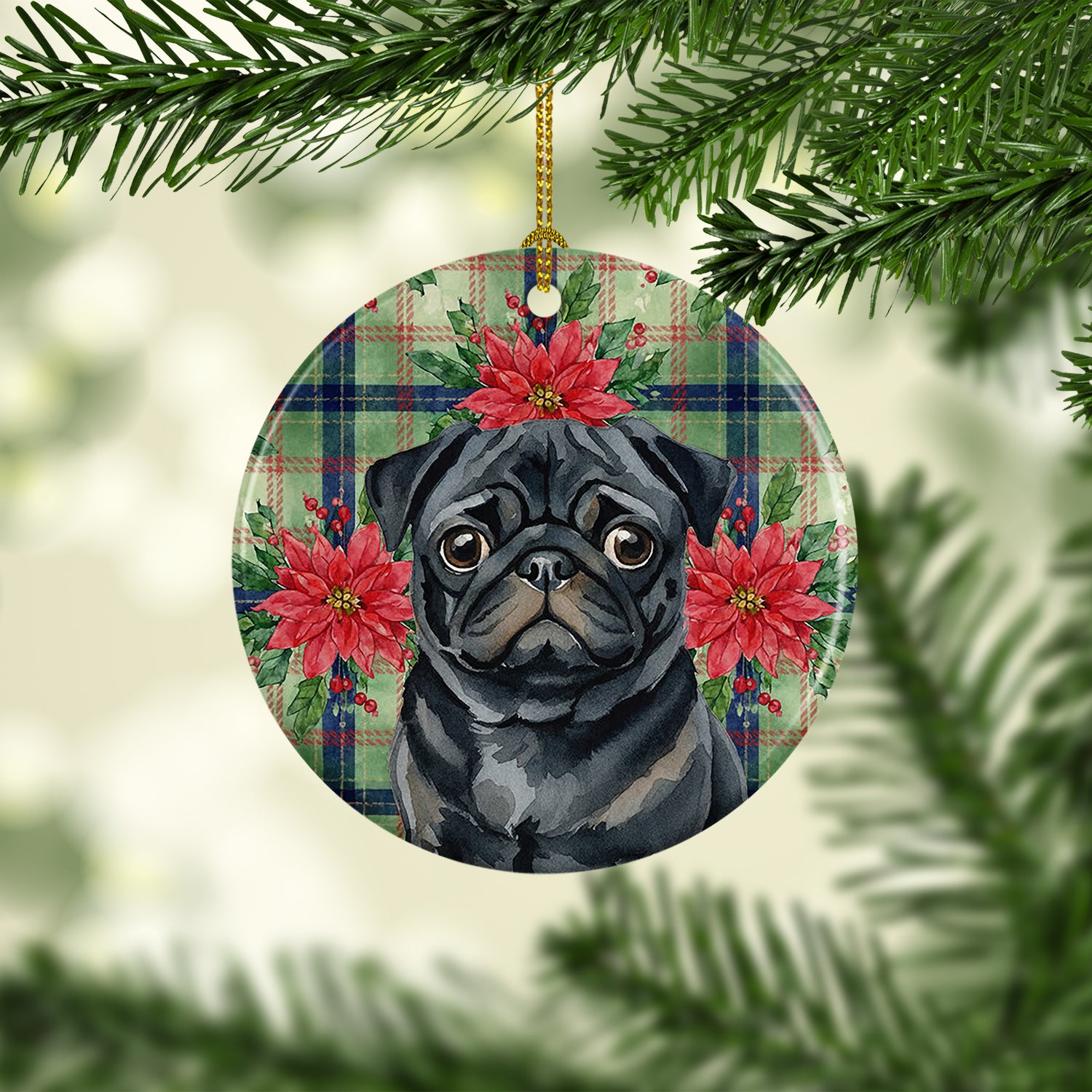 Caroline's Treasures Black Pug Christmas PoinsettIas Ceramic Ornament