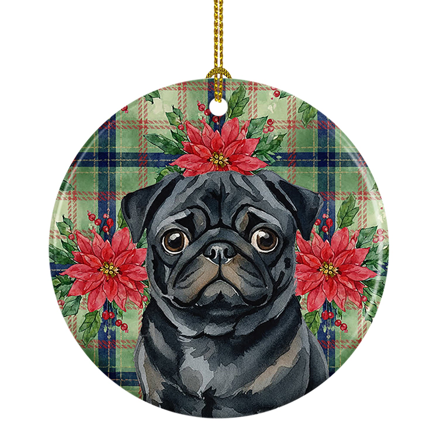 Caroline's Treasures Black Pug Christmas PoinsettIas Ceramic Ornament