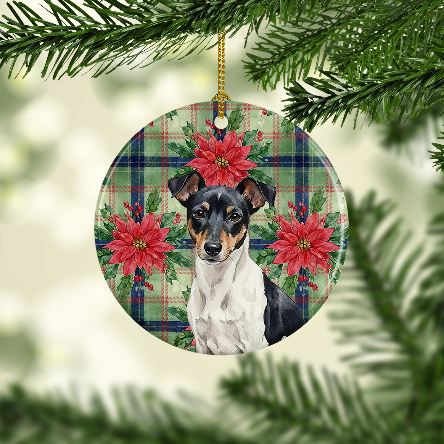 Caroline's Treasures Black and White Rat Terrier Christmas PoinsettIas Ceramic Ornament