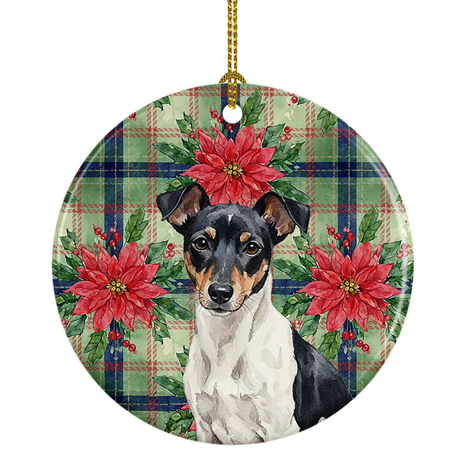 Caroline's Treasures Black and White Rat Terrier Christmas PoinsettIas Ceramic Ornament
