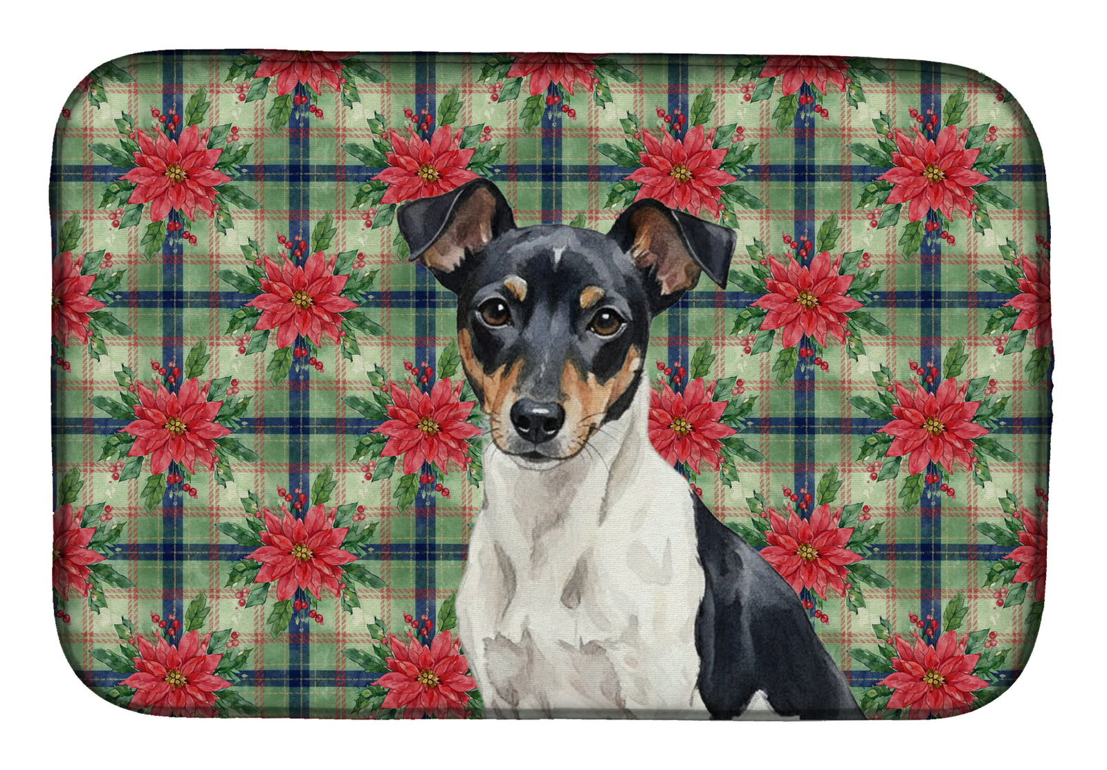 Caroline's Treasures Black and White Rat Terrier Christmas PoinsettIas Dish Drying Mat
