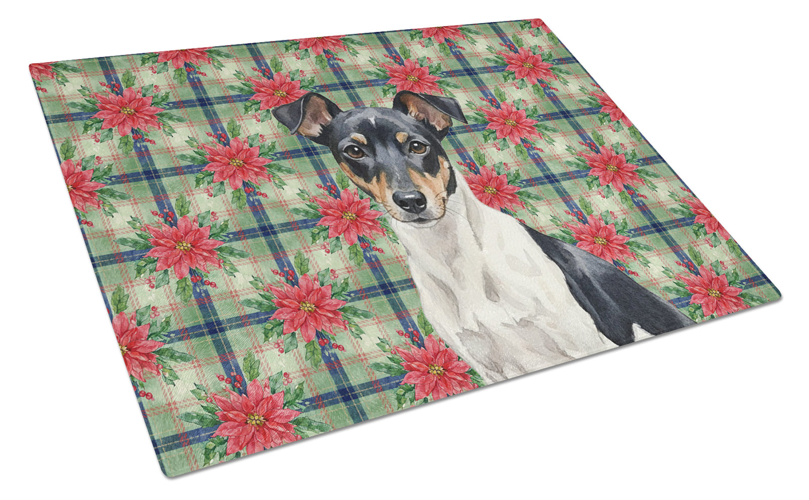 Caroline's Treasures Black and White Rat Terrier Christmas PoinsettIas Glass Cutting Board