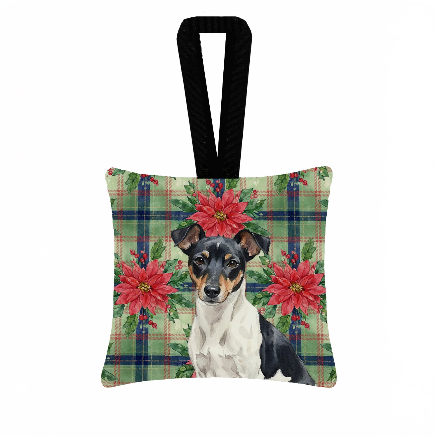 Caroline's Treasures Black and White Rat Terrier Christmas PoinsettIas Hanging Square Fabric Ornament 3.5 x 3.5