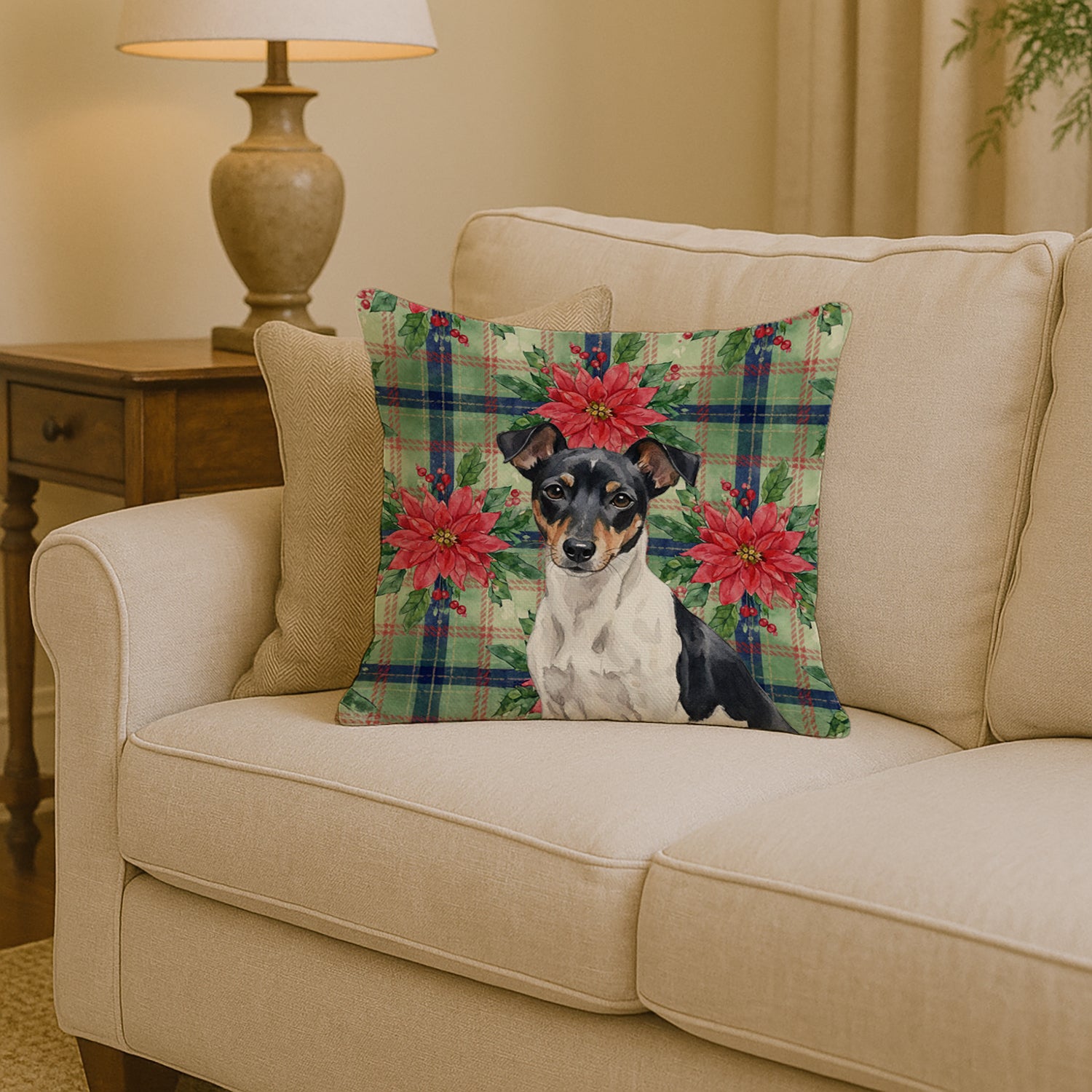 Caroline's Treasures Black and White Rat Terrier Christmas PoinsettIas Throw Pillow