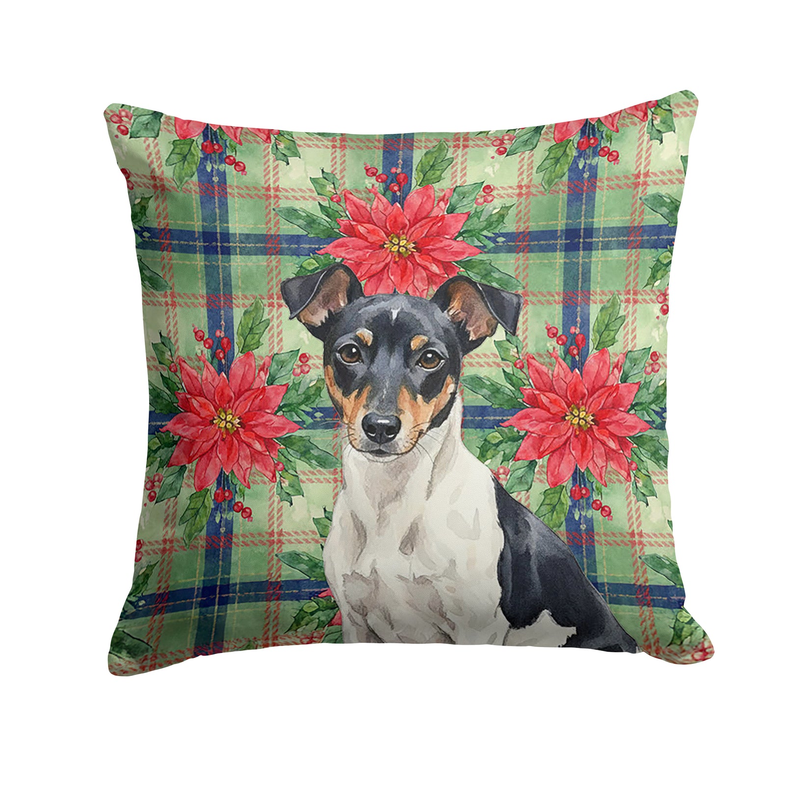 Caroline's Treasures Black and White Rat Terrier Christmas PoinsettIas Throw Pillow