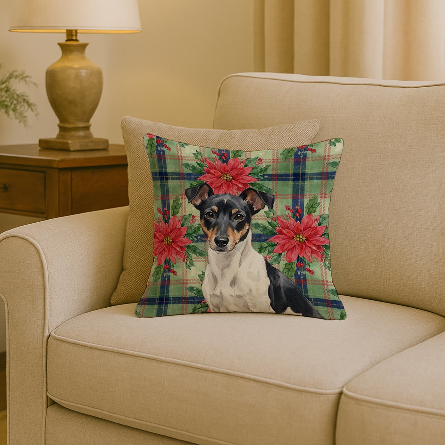 Caroline's Treasures Black and White Rat Terrier Christmas PoinsettIas Throw Pillow