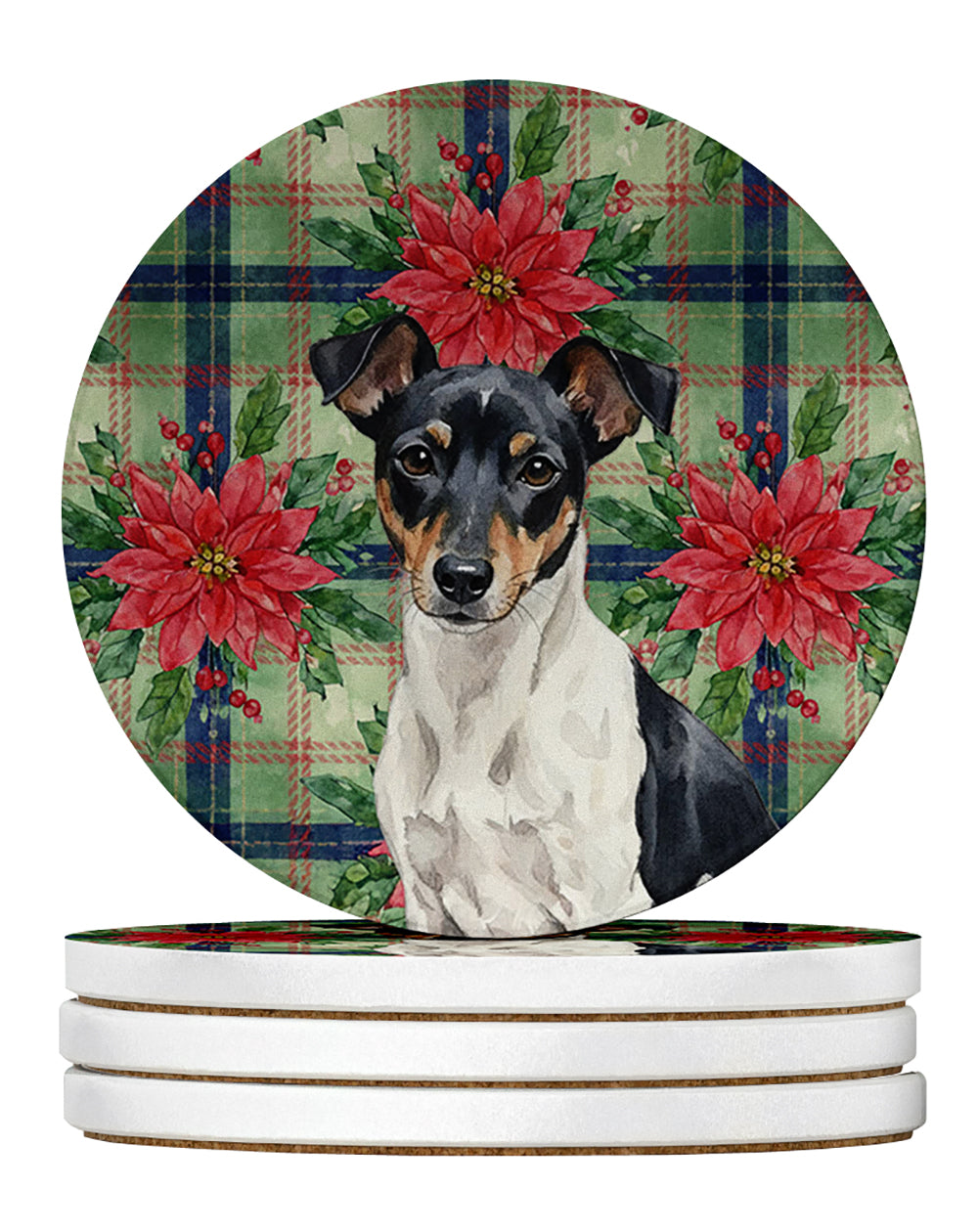 Caroline's Treasures Black and White Rat Terrier Christmas PoinsettIas Large Sandstone Coasters Pack of 4