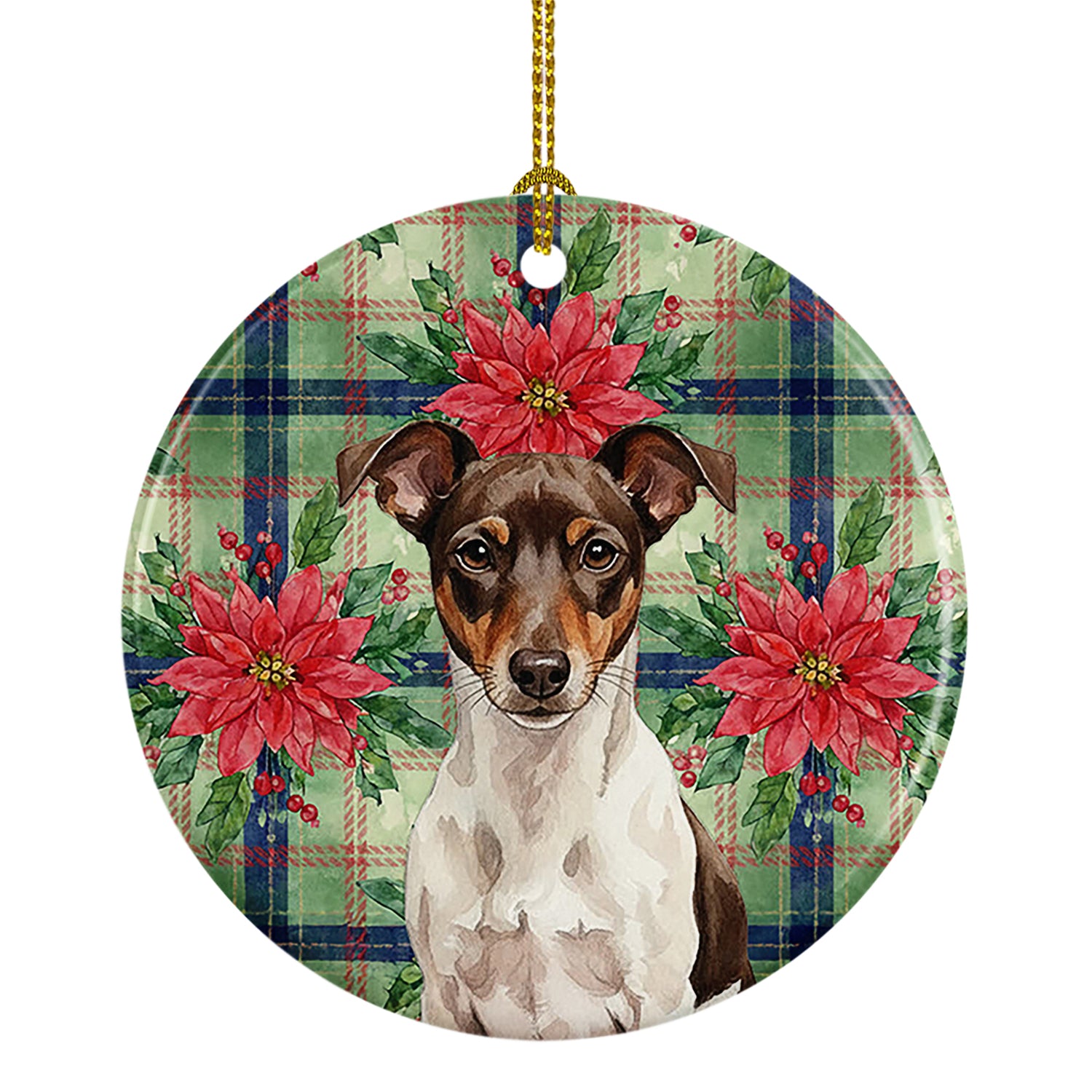 Caroline's Treasures Chocolate and White Rat Terrier Christmas PoinsettIas Ceramic Ornament