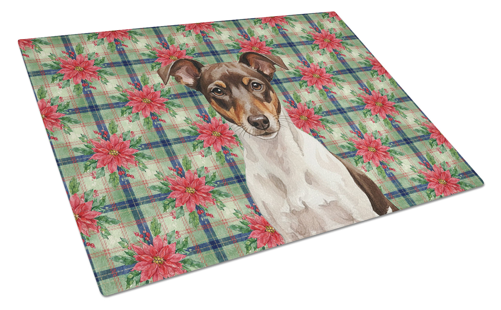 Caroline's Treasures Chocolate and White Rat Terrier Christmas PoinsettIas Glass Cutting Board