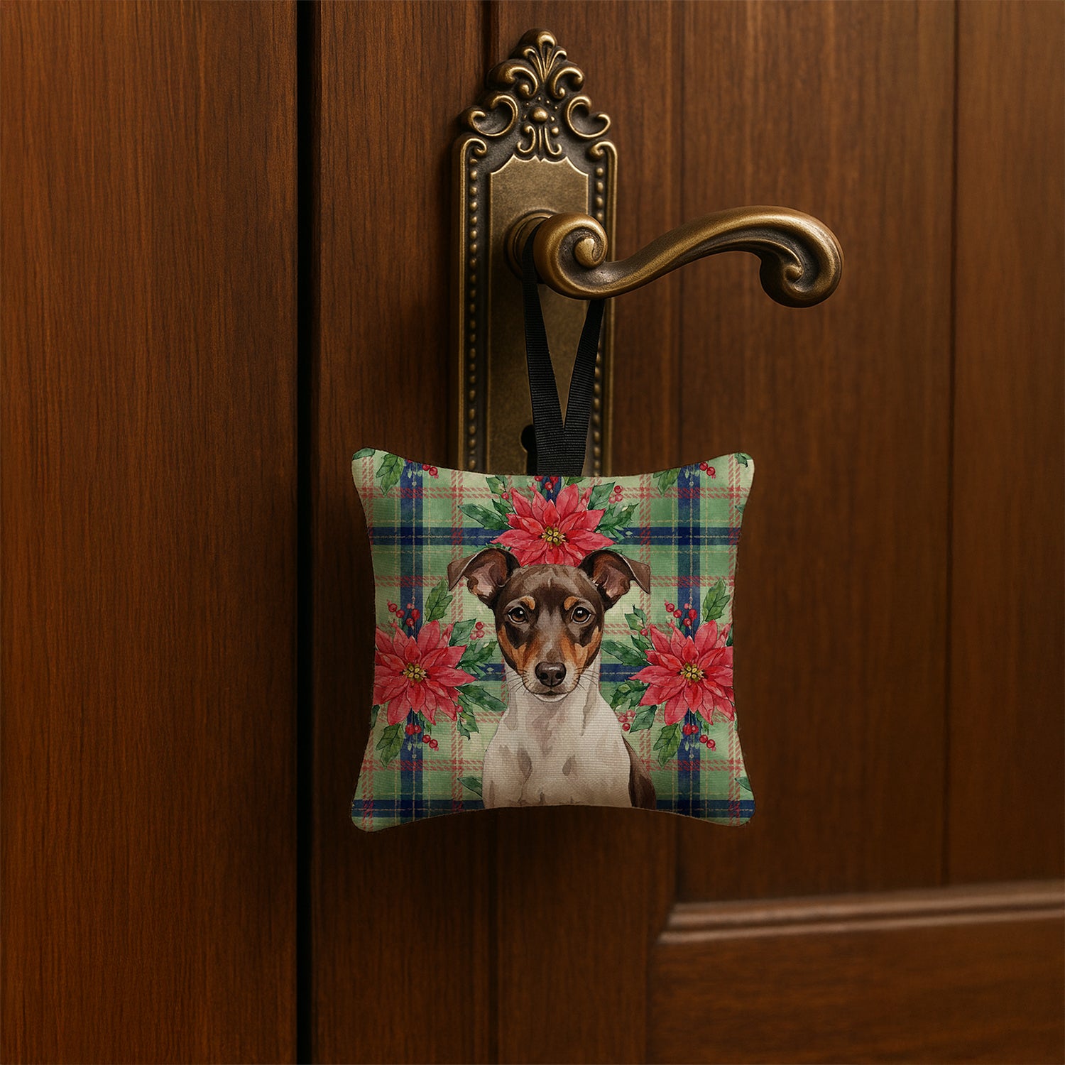Caroline's Treasures Chocolate and White Rat Terrier Christmas PoinsettIas Hanging Square Fabric Ornament 3.5 x 3.5