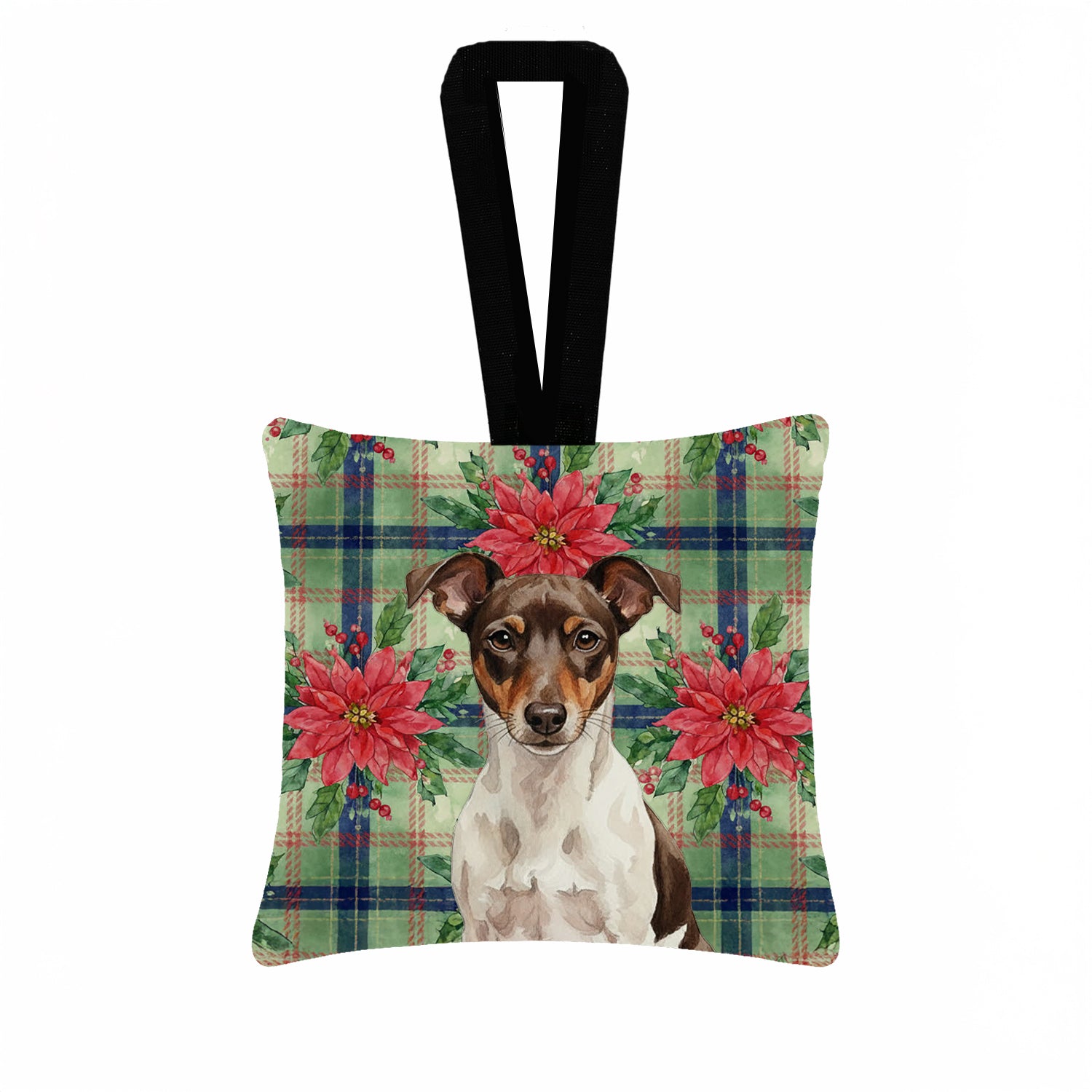 Caroline's Treasures Chocolate and White Rat Terrier Christmas PoinsettIas Hanging Square Fabric Ornament 3.5 x 3.5