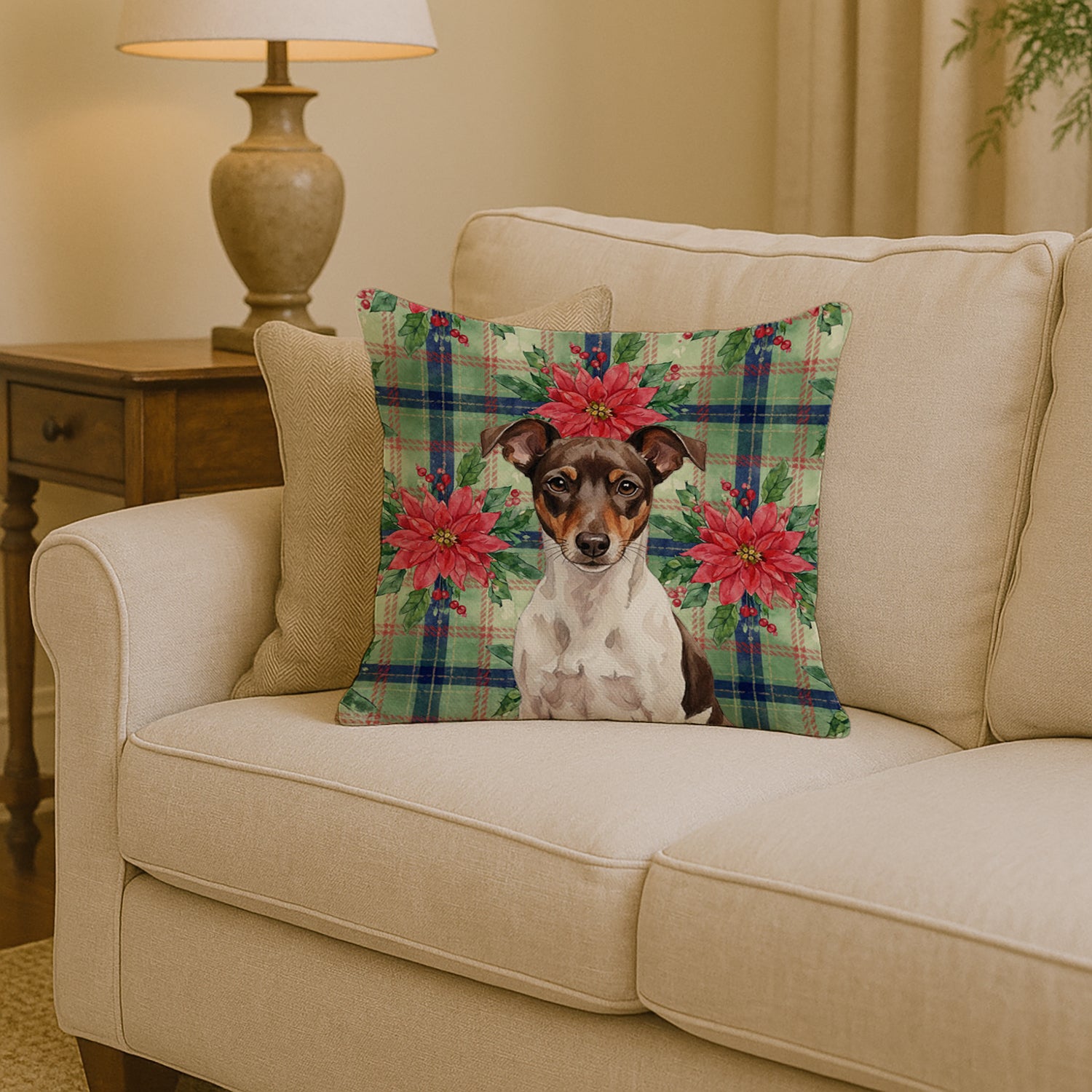 Caroline's Treasures Chocolate and White Rat Terrier Christmas PoinsettIas Throw Pillow