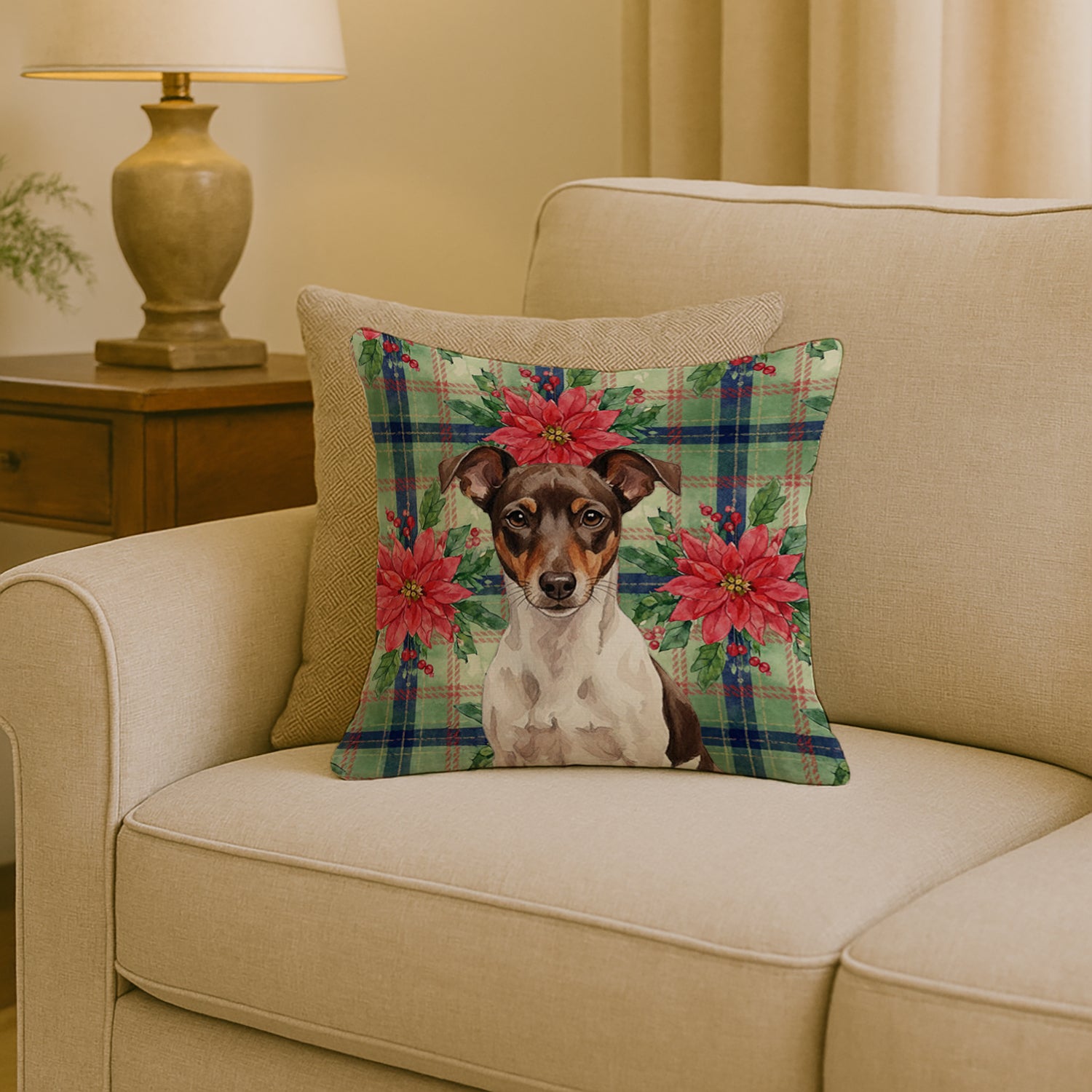 Caroline's Treasures Chocolate and White Rat Terrier Christmas PoinsettIas Throw Pillow