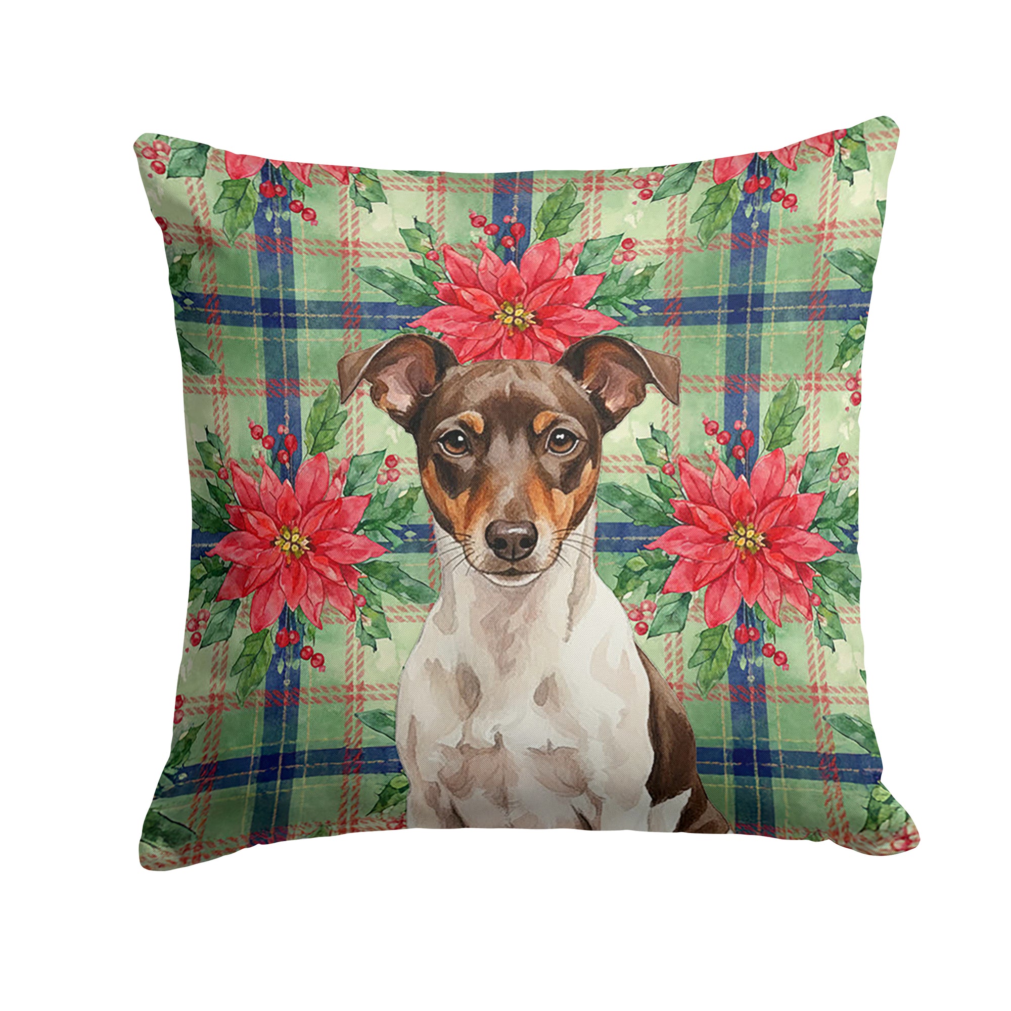 Caroline's Treasures Chocolate and White Rat Terrier Christmas PoinsettIas Throw Pillow