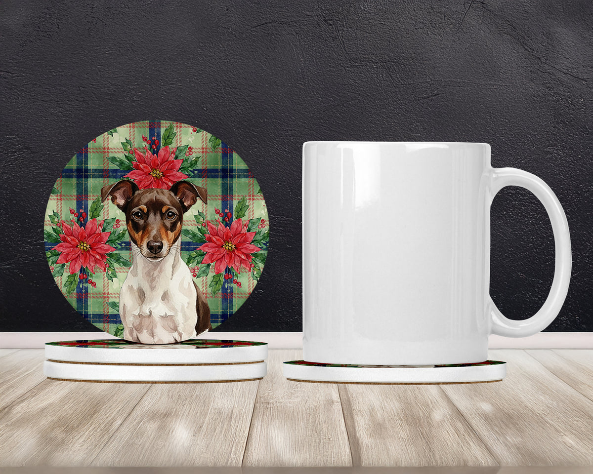 Caroline's Treasures Chocolate and White Rat Terrier Christmas PoinsettIas Large Sandstone Coasters Pack of 4
