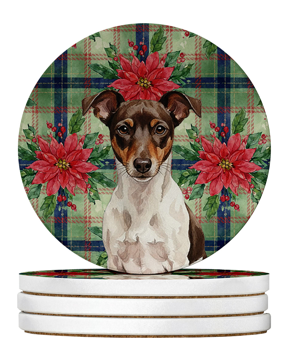 Caroline's Treasures Chocolate and White Rat Terrier Christmas PoinsettIas Large Sandstone Coasters Pack of 4