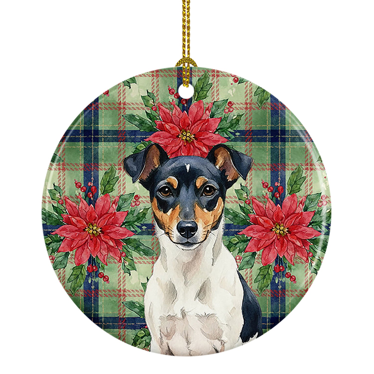 Caroline's Treasures Tricolor Rat Terrier Christmas PoinsettIas Ceramic Ornament