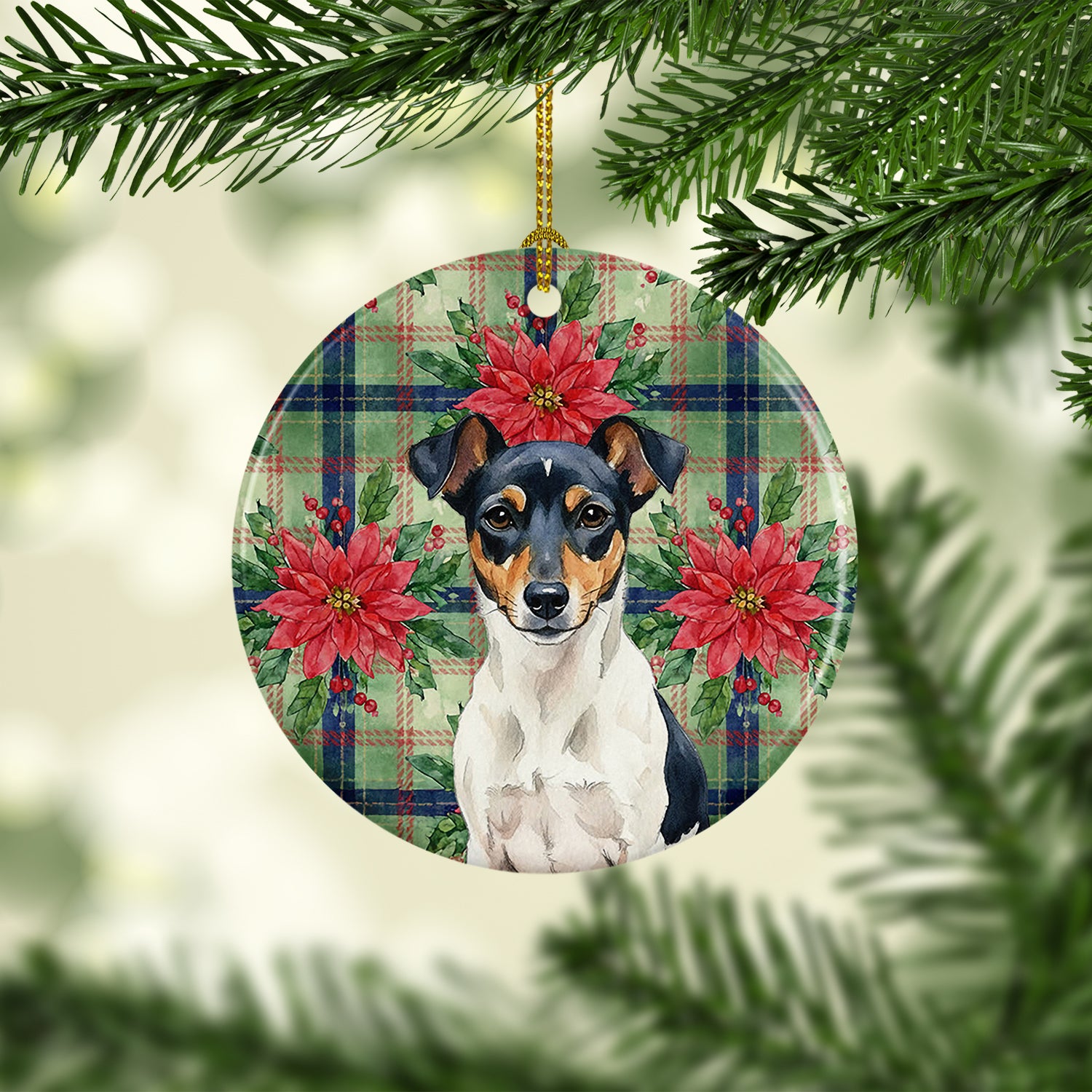 Caroline's Treasures Tricolor Rat Terrier Christmas PoinsettIas Ceramic Ornament