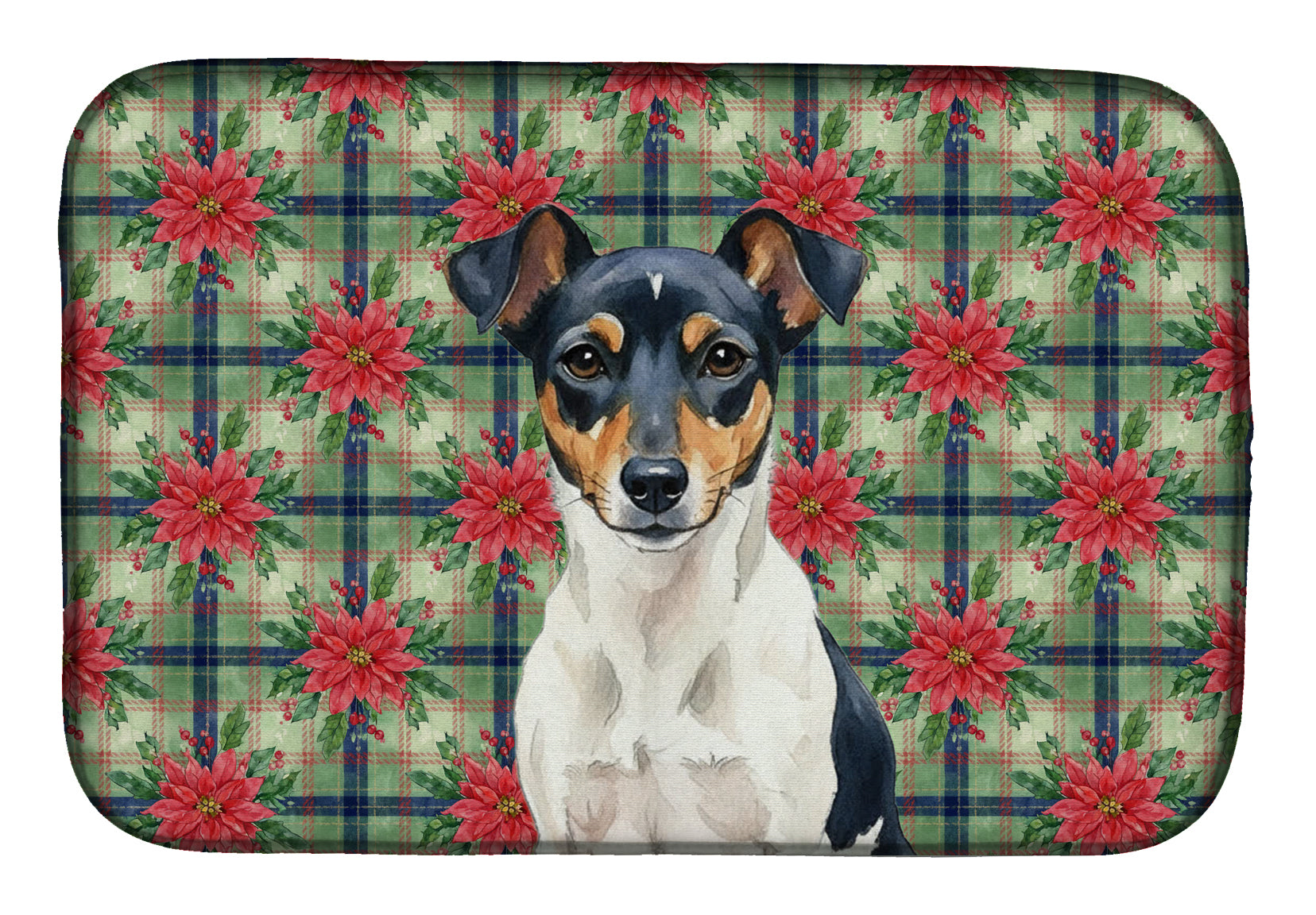 Caroline's Treasures Tricolor Rat Terrier Christmas PoinsettIas Dish Drying Mat
