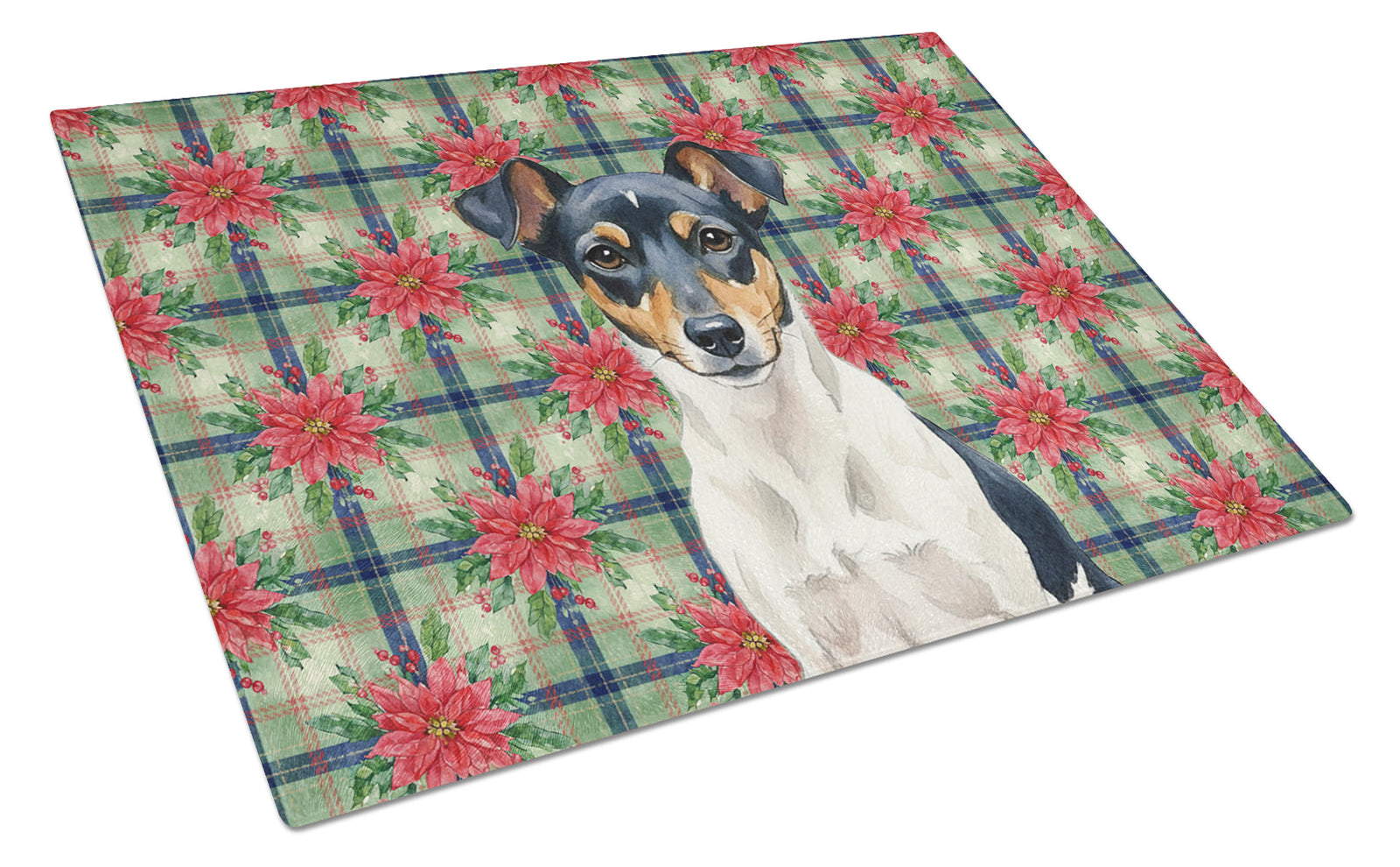 Caroline's Treasures Tricolor Rat Terrier Christmas PoinsettIas Glass Cutting Board