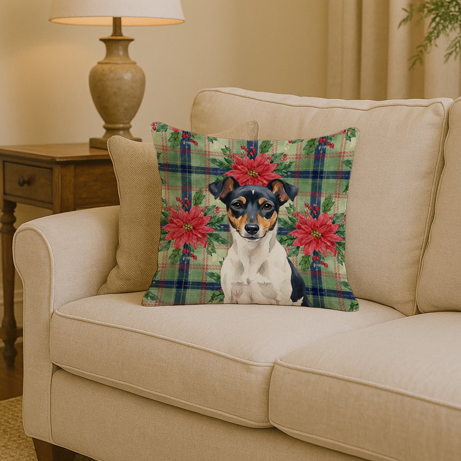 Caroline's Treasures Tricolor Rat Terrier Christmas PoinsettIas Throw Pillow