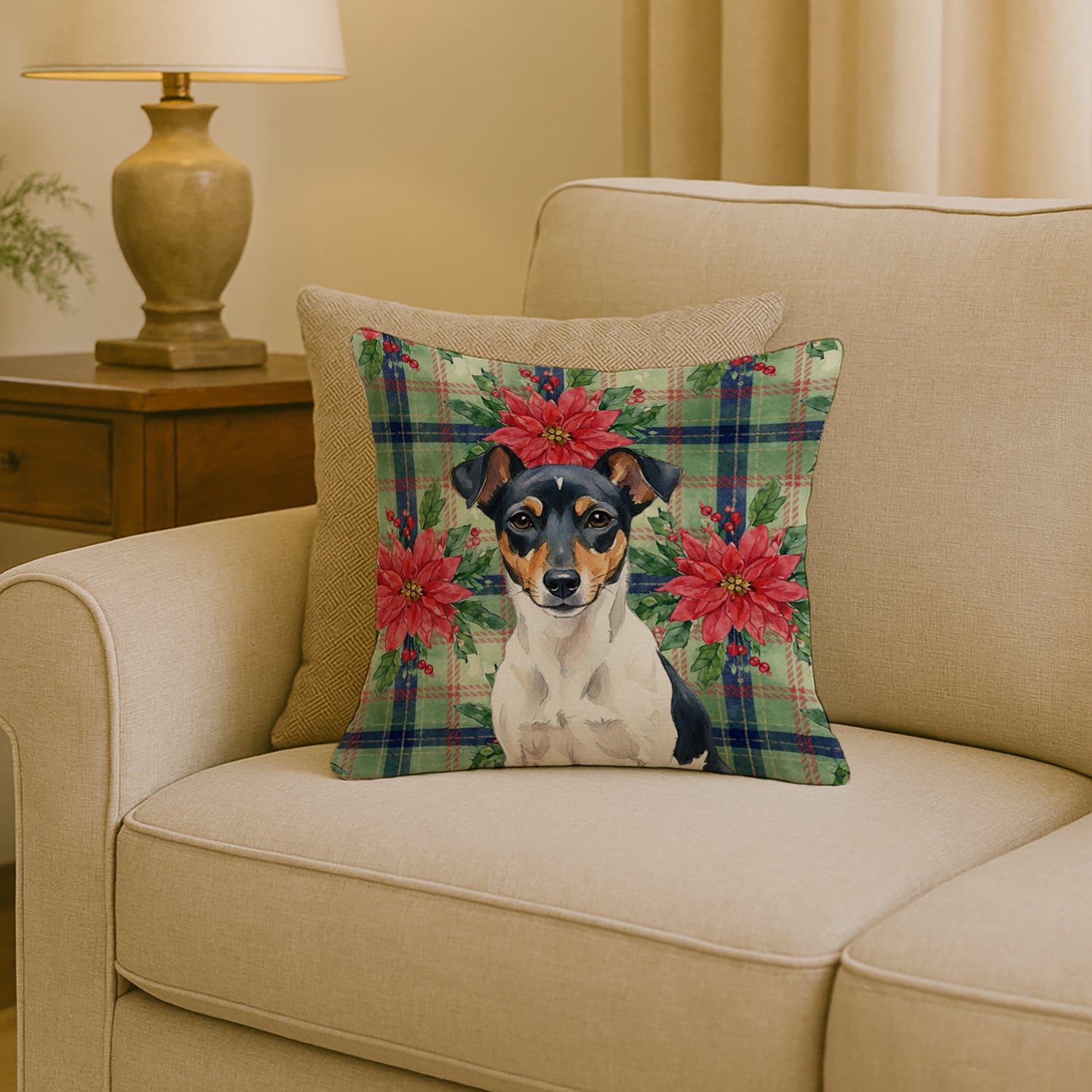 Caroline's Treasures Tricolor Rat Terrier Christmas PoinsettIas Throw Pillow