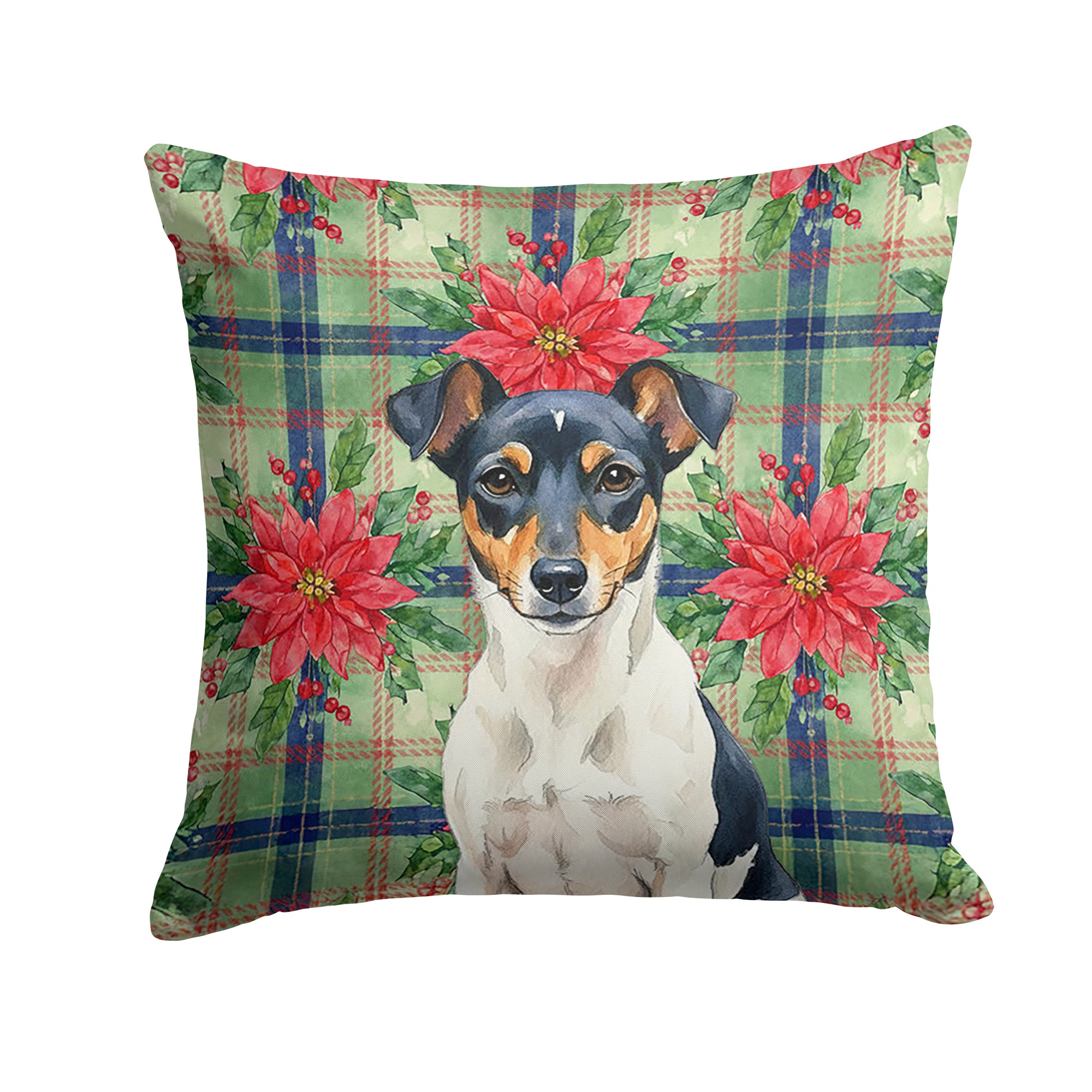 Caroline's Treasures Tricolor Rat Terrier Christmas PoinsettIas Throw Pillow