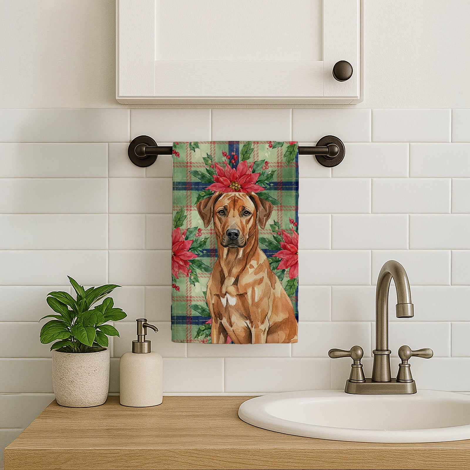 Caroline's Treasures Rhodesian Ridgeback Christmas PoinsettIas Kitchen Towel