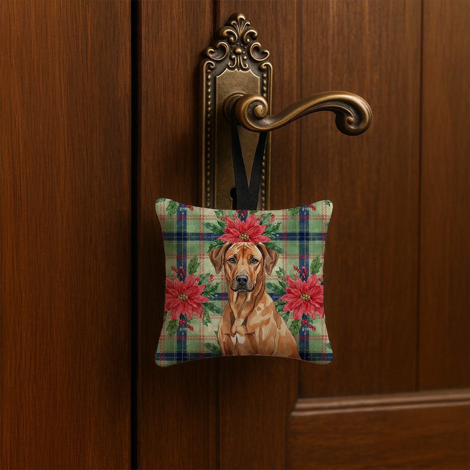 Caroline's Treasures Rhodesian Ridgeback Christmas PoinsettIas Hanging Square Fabric Ornament 3.5 x 3.5