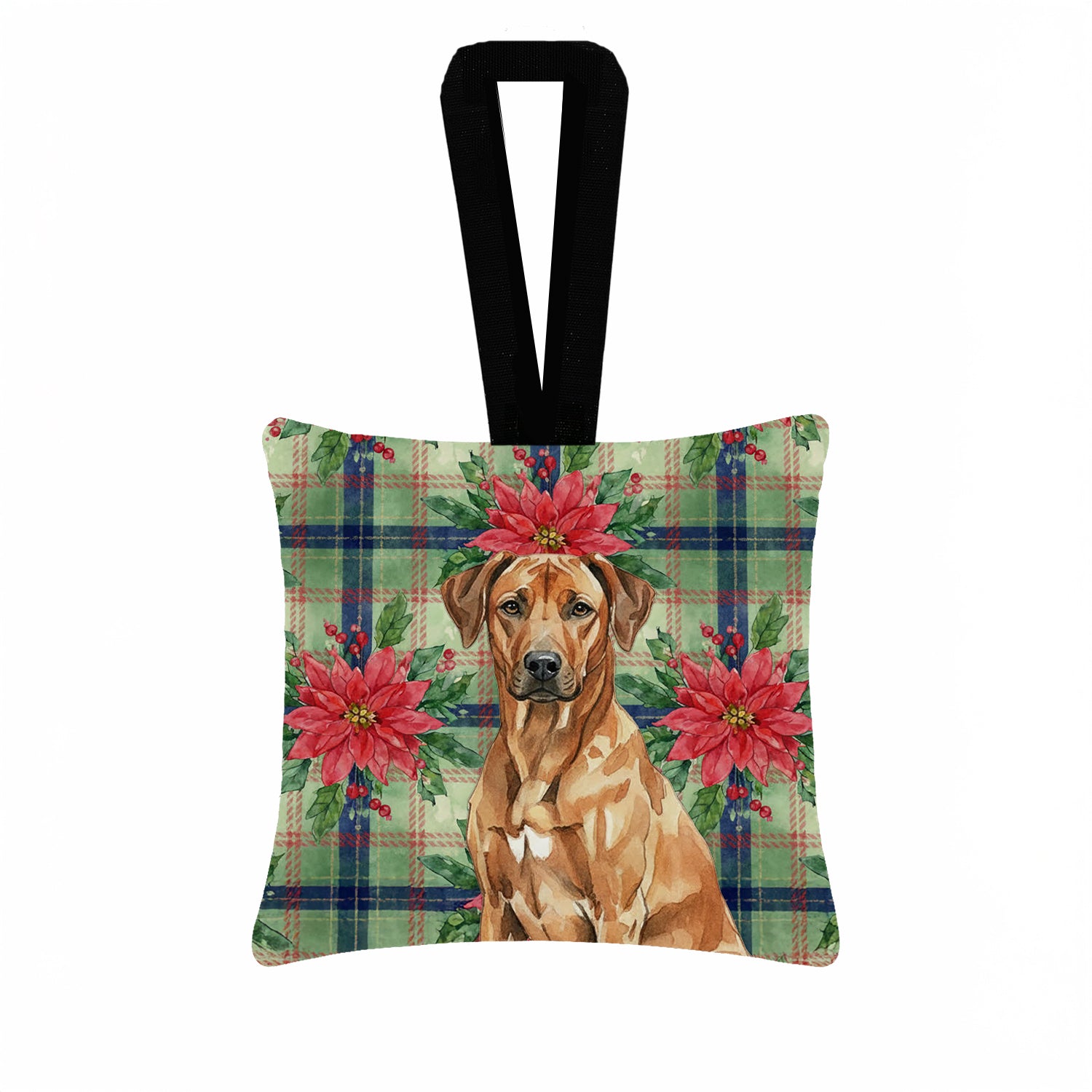 Caroline's Treasures Rhodesian Ridgeback Christmas PoinsettIas Hanging Square Fabric Ornament 3.5 x 3.5