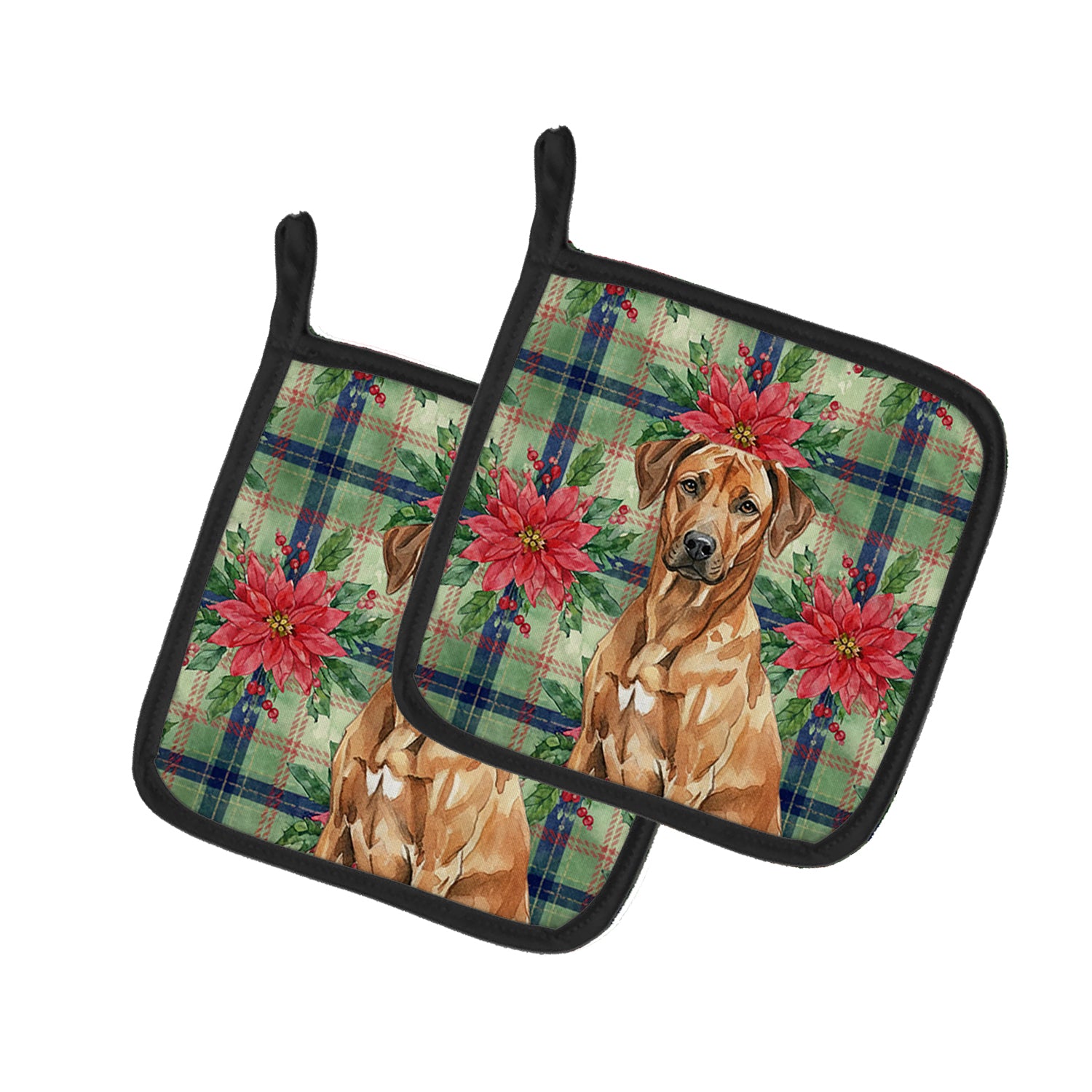 Caroline's Treasures Rhodesian Ridgeback Christmas PoinsettIas Pair of Pot Holders