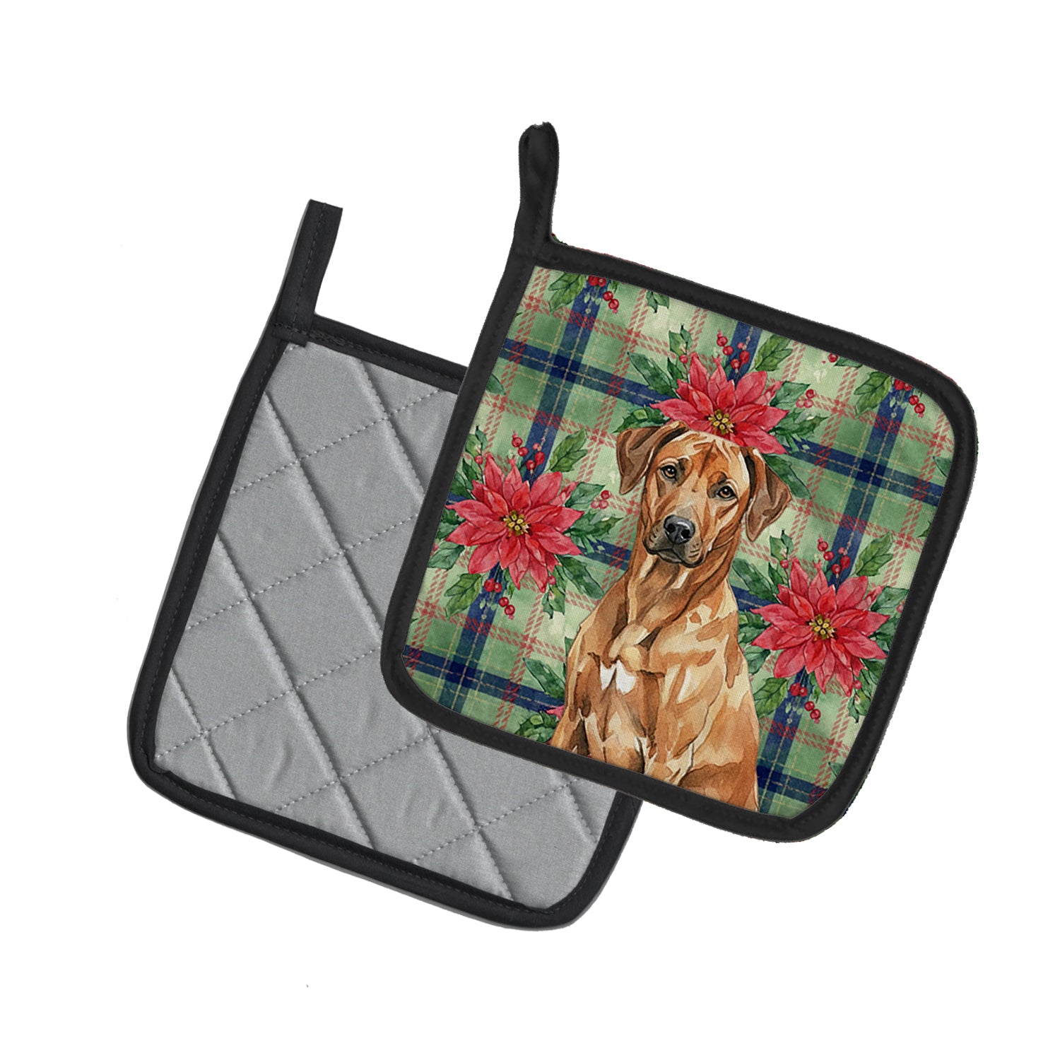 Caroline's Treasures Rhodesian Ridgeback Christmas PoinsettIas Pair of Pot Holders