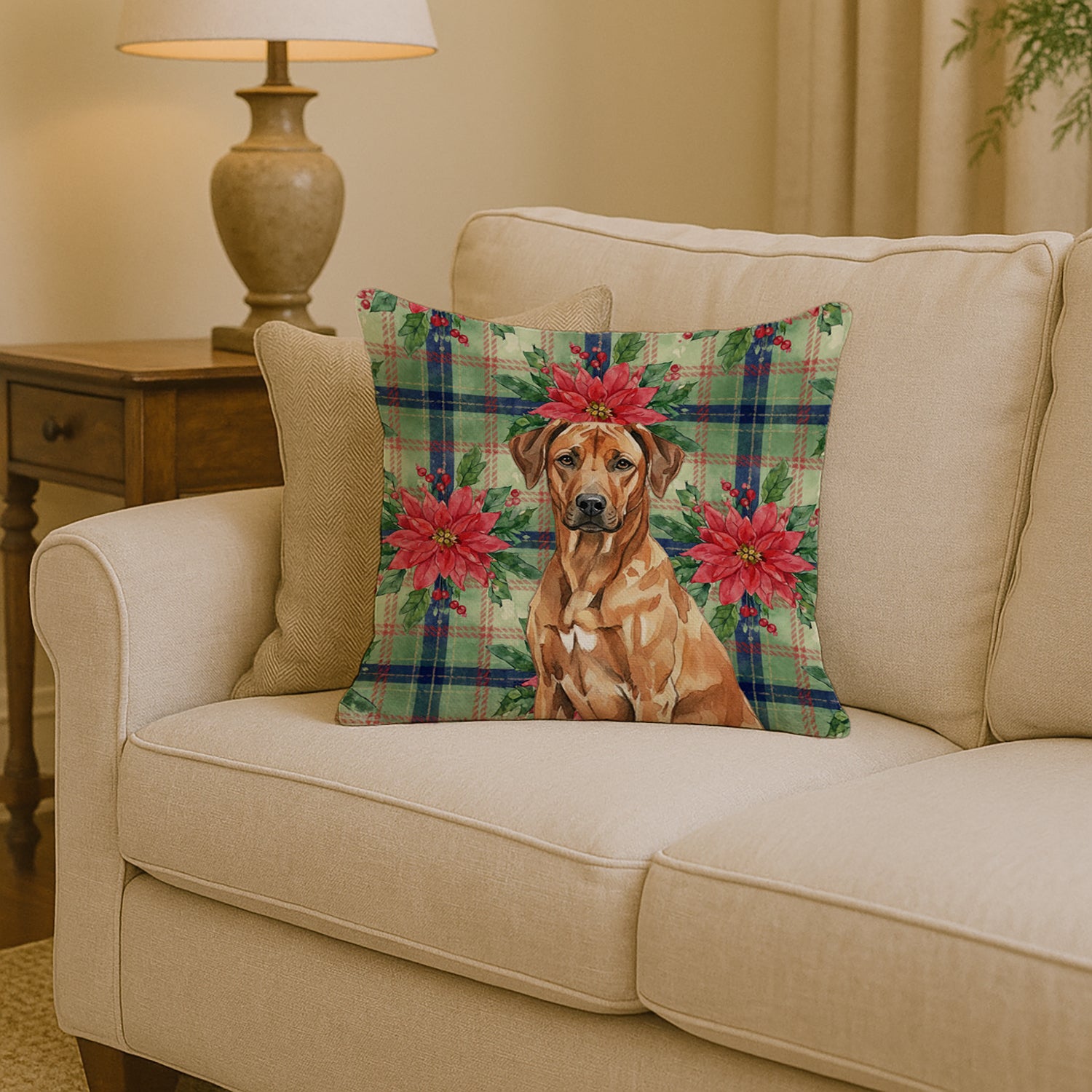 Caroline's Treasures Rhodesian Ridgeback Christmas PoinsettIas Throw Pillow