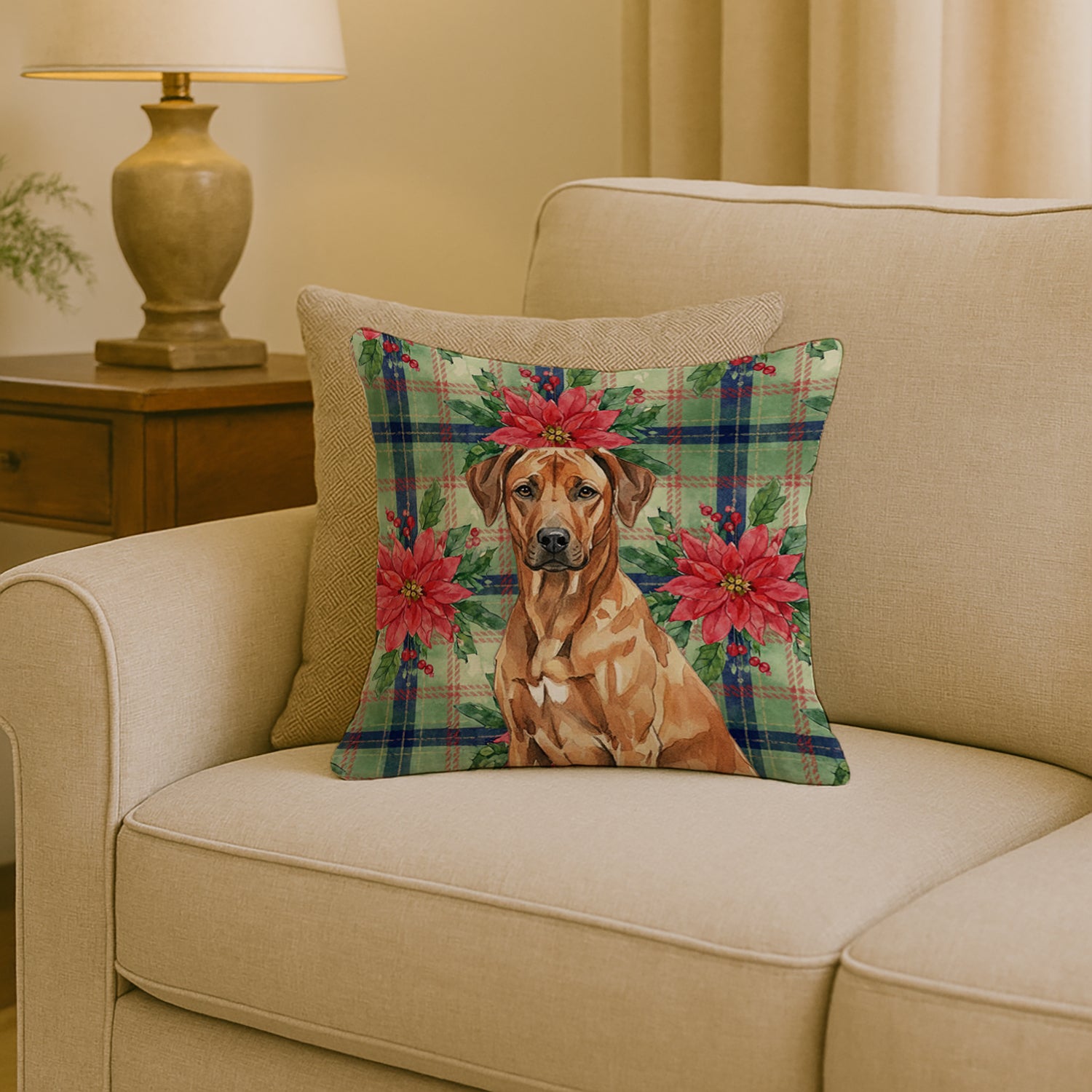 Caroline's Treasures Rhodesian Ridgeback Christmas PoinsettIas Throw Pillow