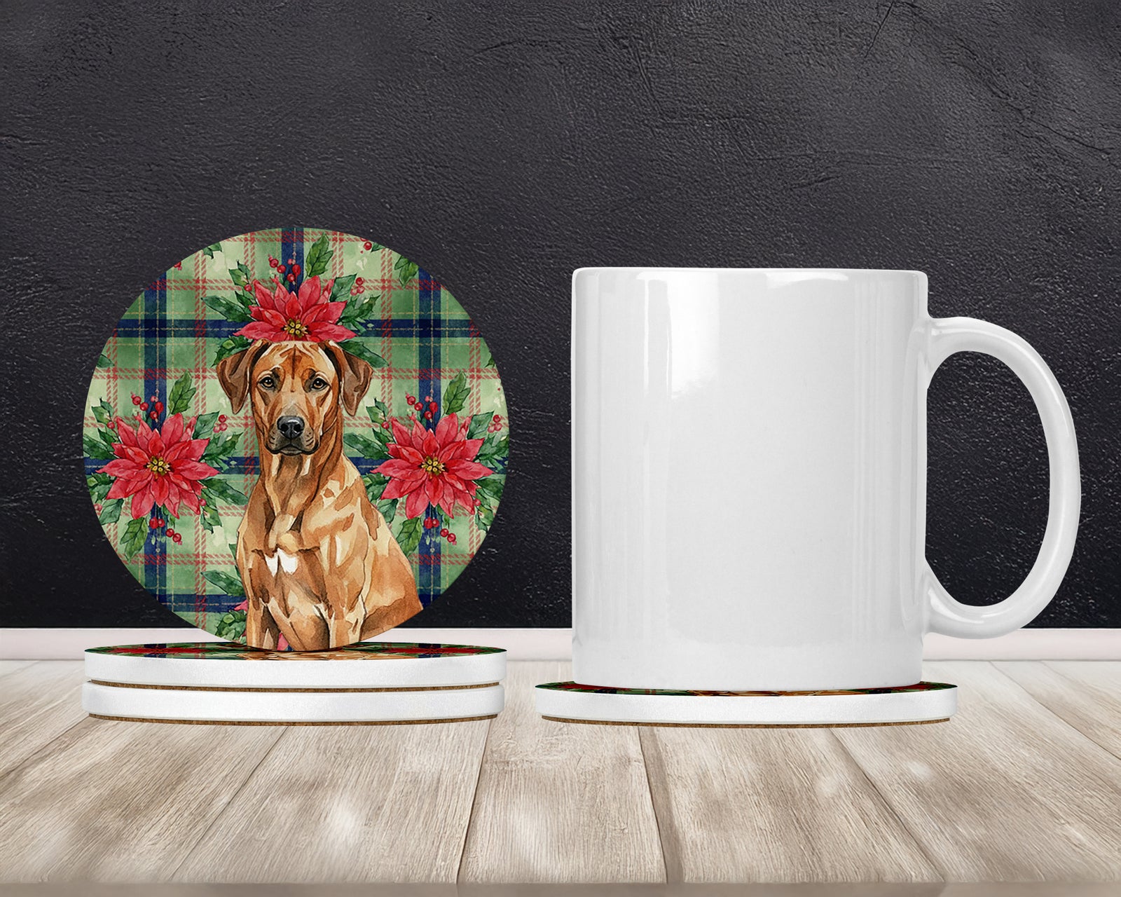 Caroline's Treasures Rhodesian Ridgeback Christmas PoinsettIas Large Sandstone Coasters Pack of 4